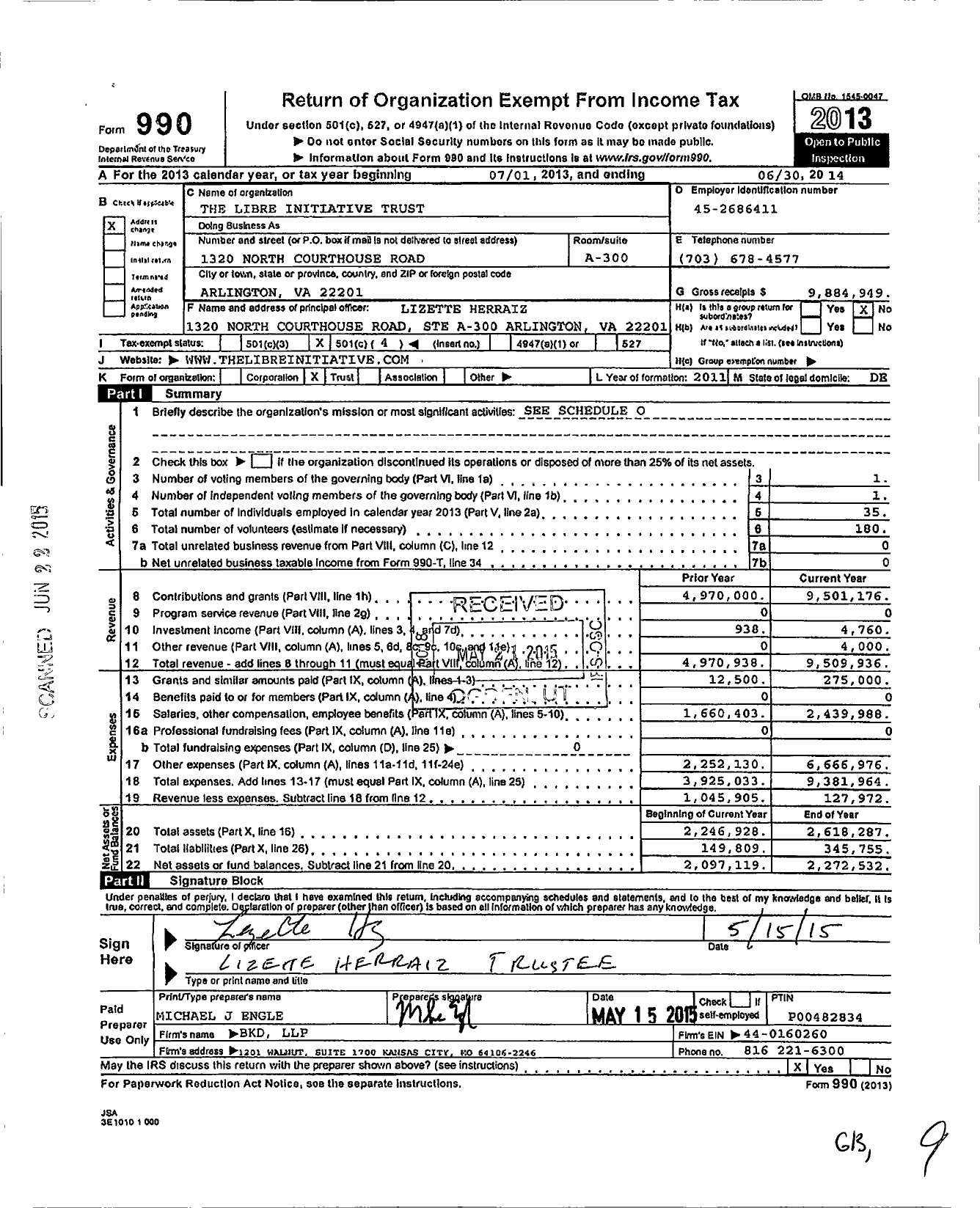 Image of first page of 2013 Form 990O for Libre Initiative Trust