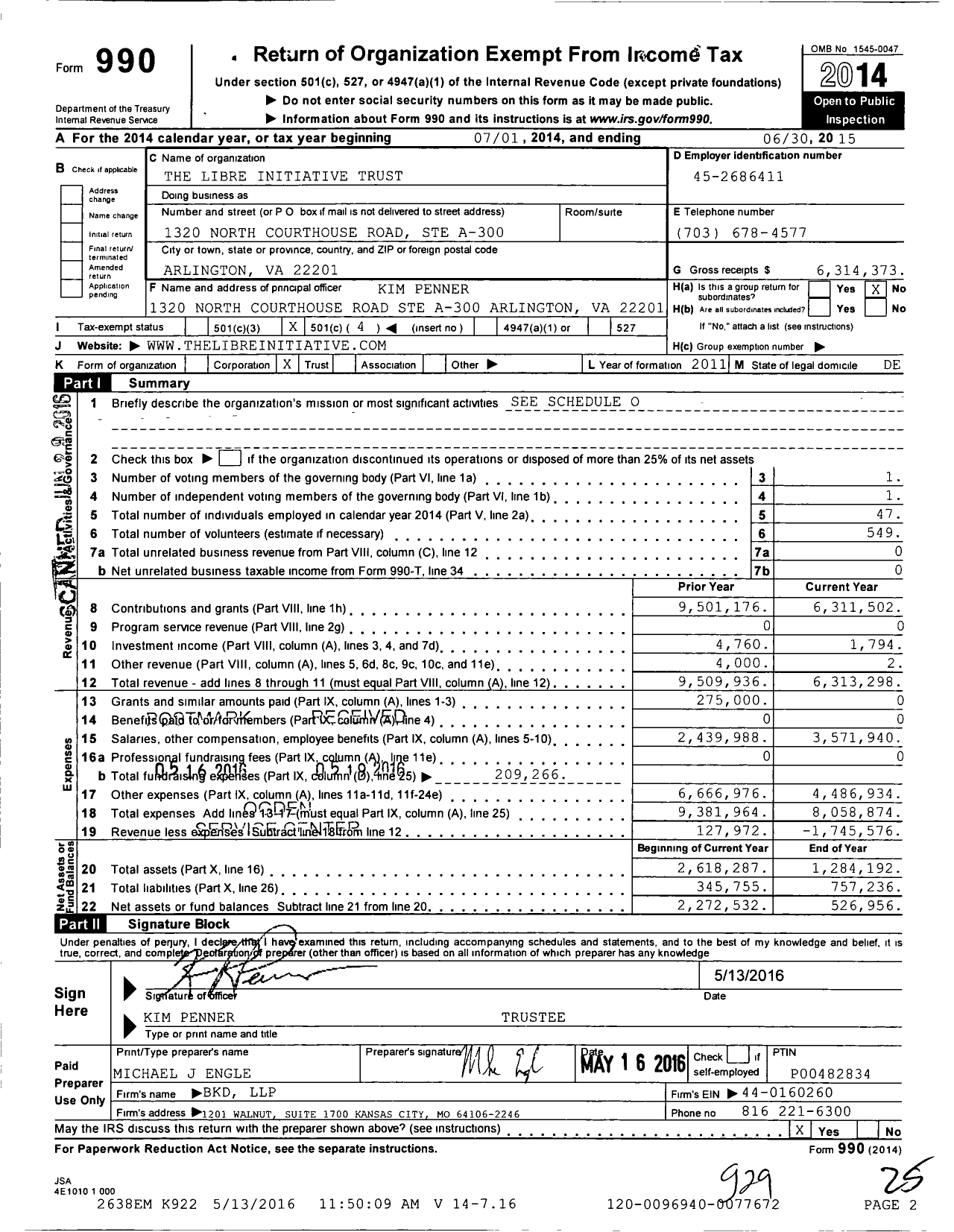 Image of first page of 2014 Form 990O for Libre Initiative Trust