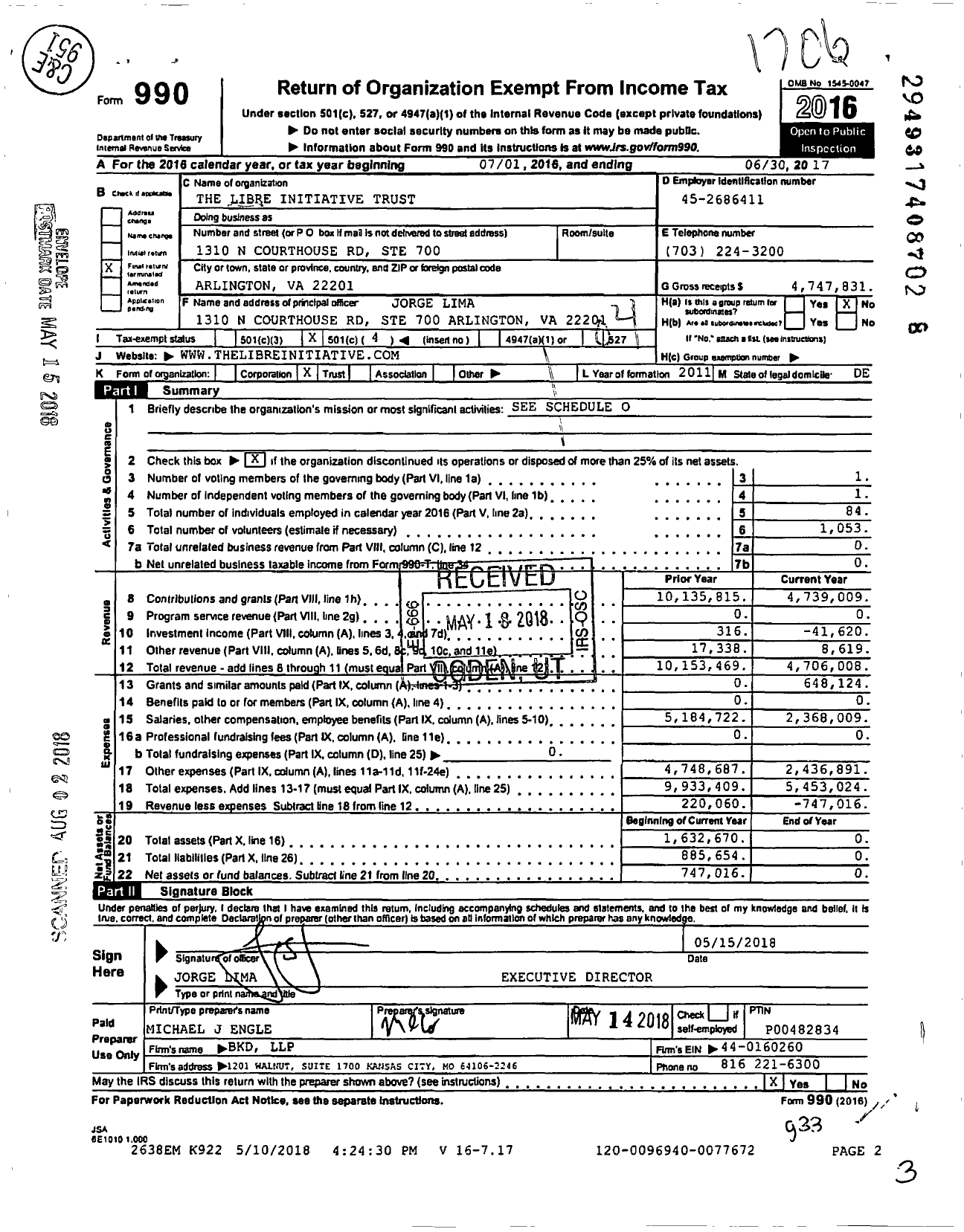 Image of first page of 2016 Form 990O for Libre Initiative Trust