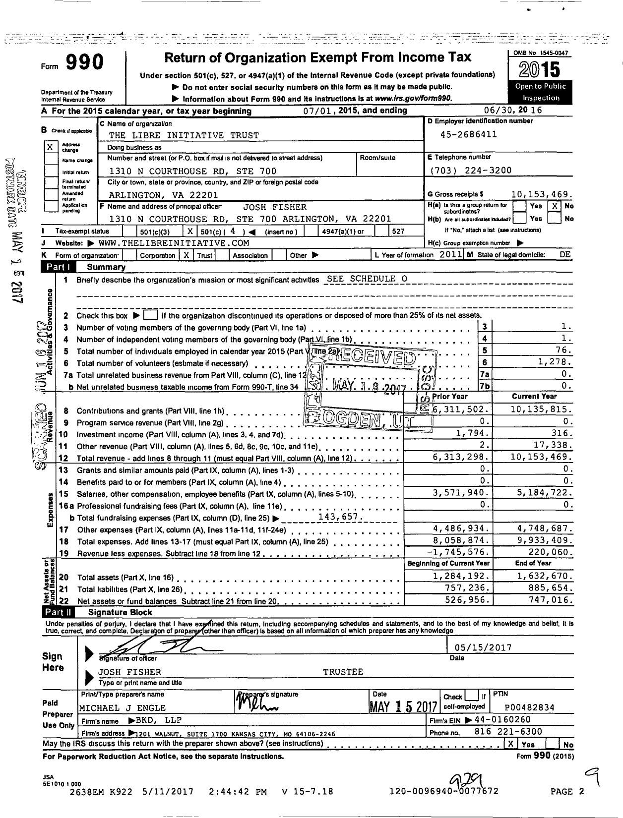 Image of first page of 2015 Form 990O for Libre Initiative Trust