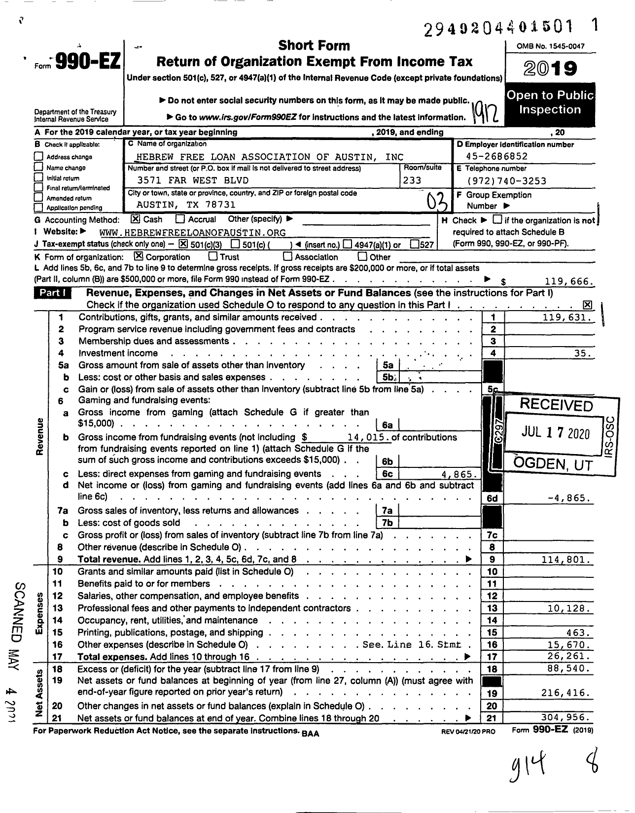 Image of first page of 2019 Form 990EZ for Hebrew Free Loan Association of Austin