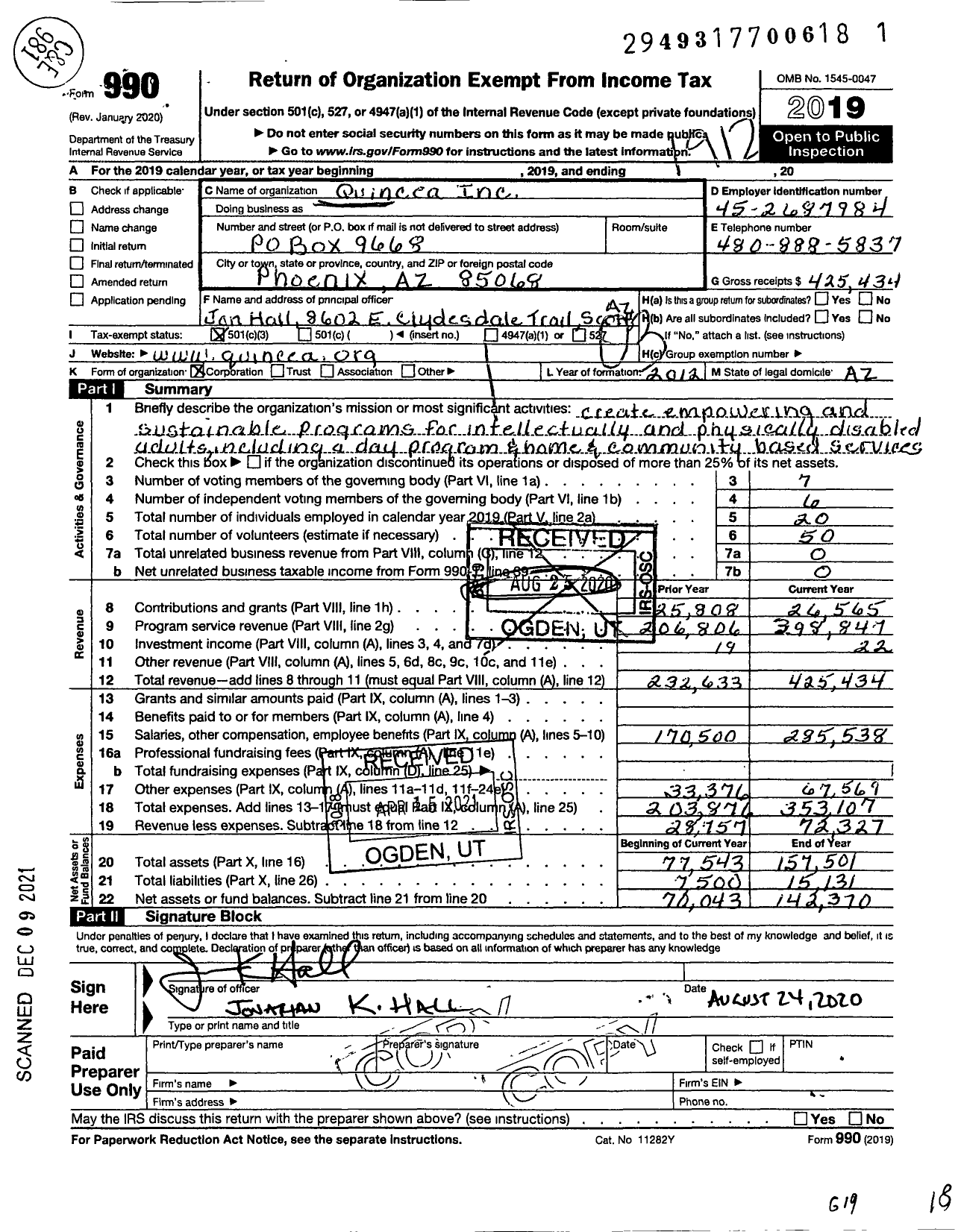 Image of first page of 2019 Form 990 for Quincea