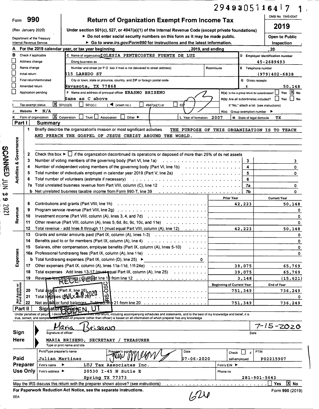 Image of first page of 2019 Form 990 for Iglesia Pentecostes Fuente De Luz