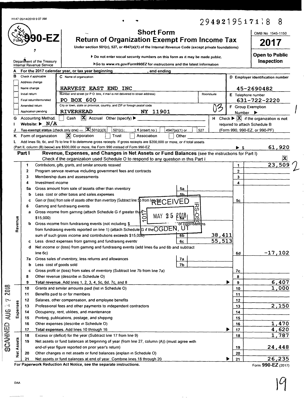 Image of first page of 2017 Form 990EZ for Harvest East End