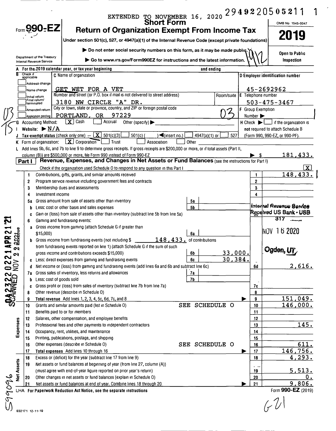 Image of first page of 2019 Form 990EZ for Get Wet for A Vet