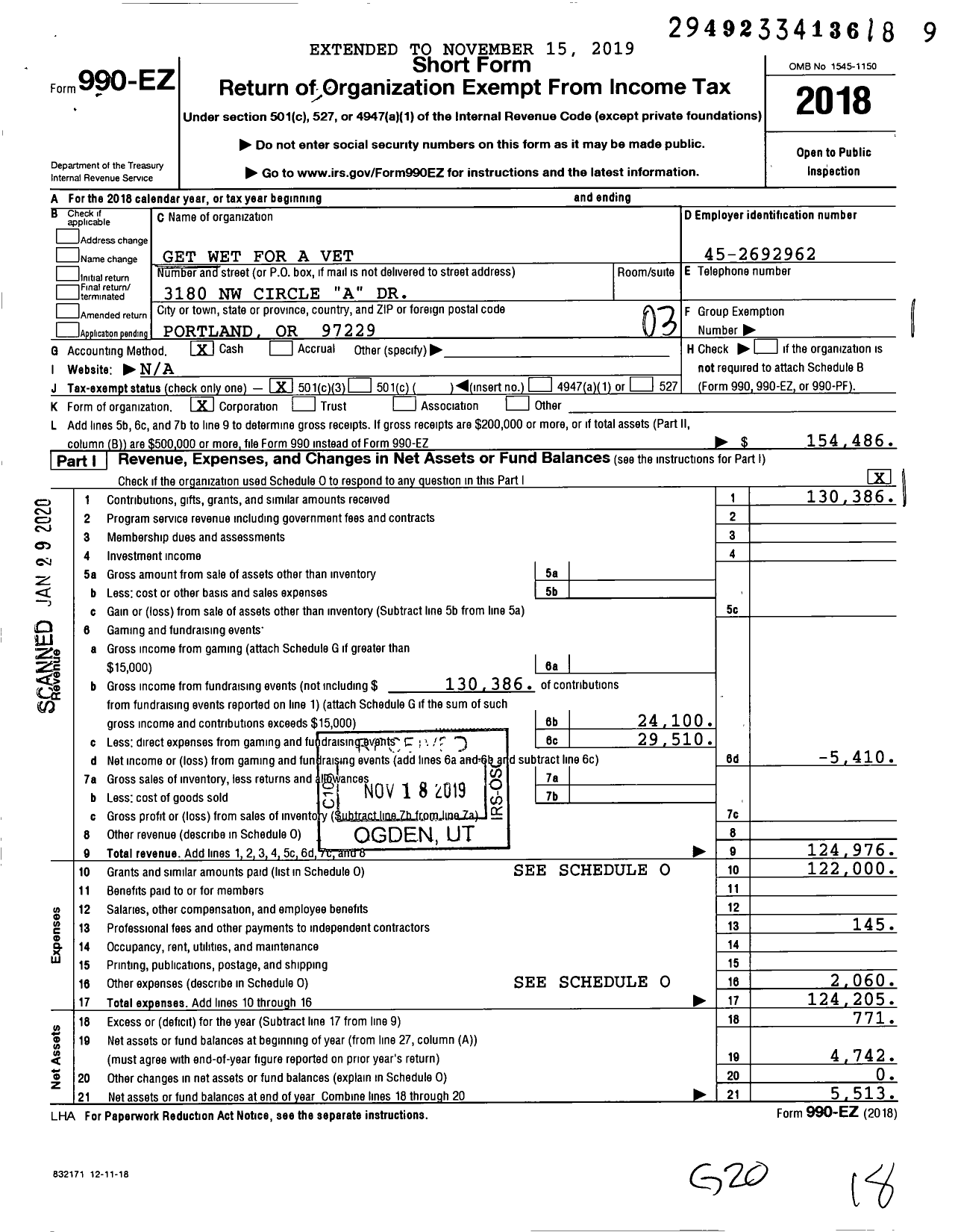 Image of first page of 2018 Form 990EZ for Get Wet for A Vet