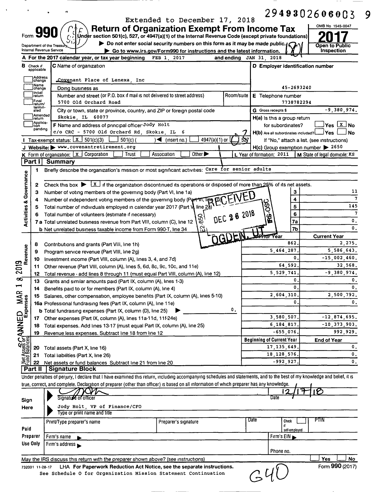 Image of first page of 2017 Form 990 for Covenant Place of Lenexa