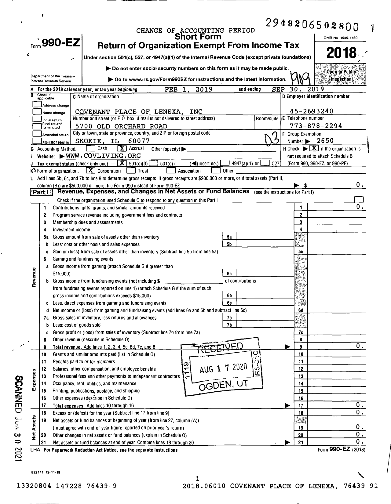 Image of first page of 2018 Form 990EZ for Covenant Place of Lenexa