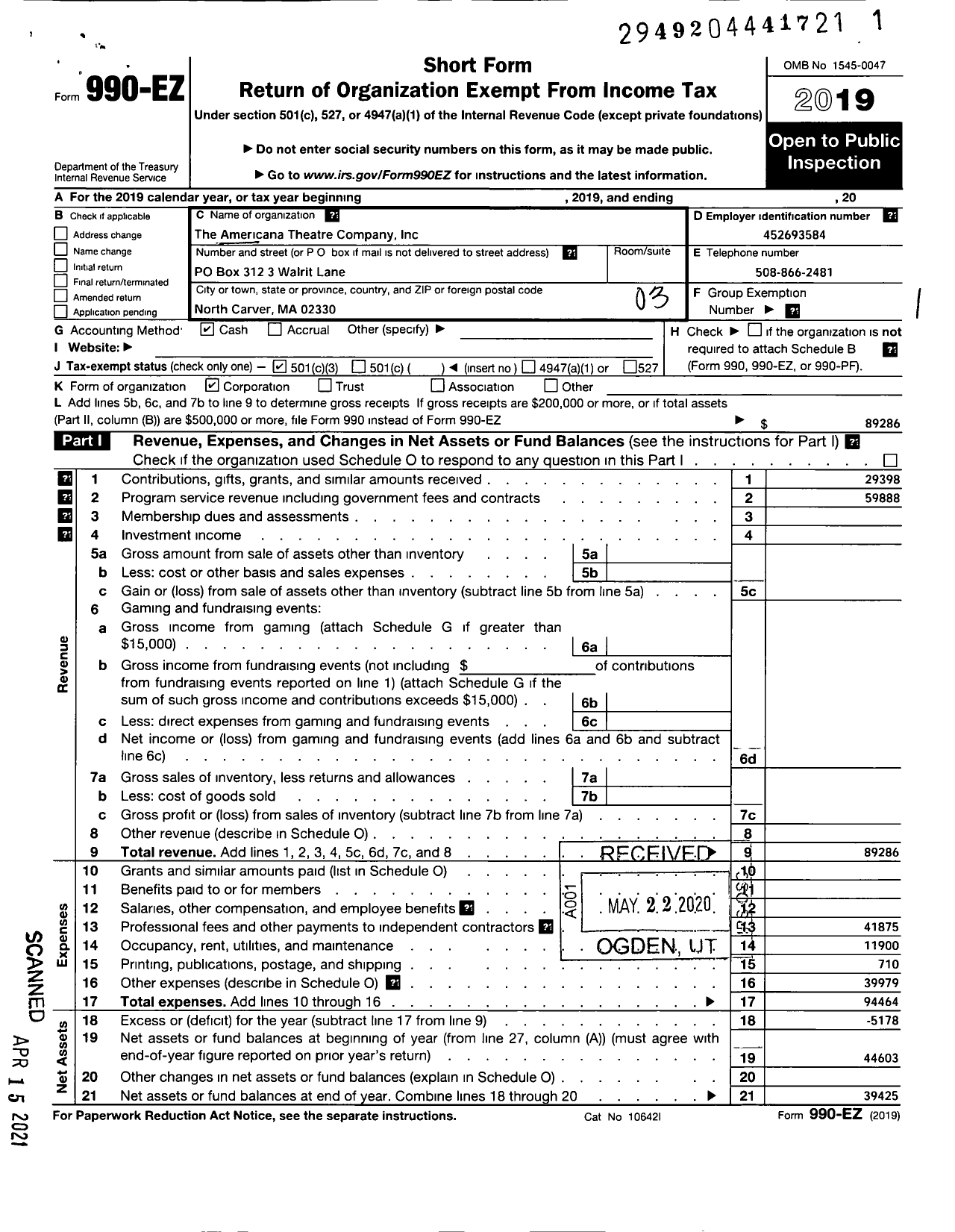 Image of first page of 2019 Form 990EZ for Americana Theatre Company Incorporated