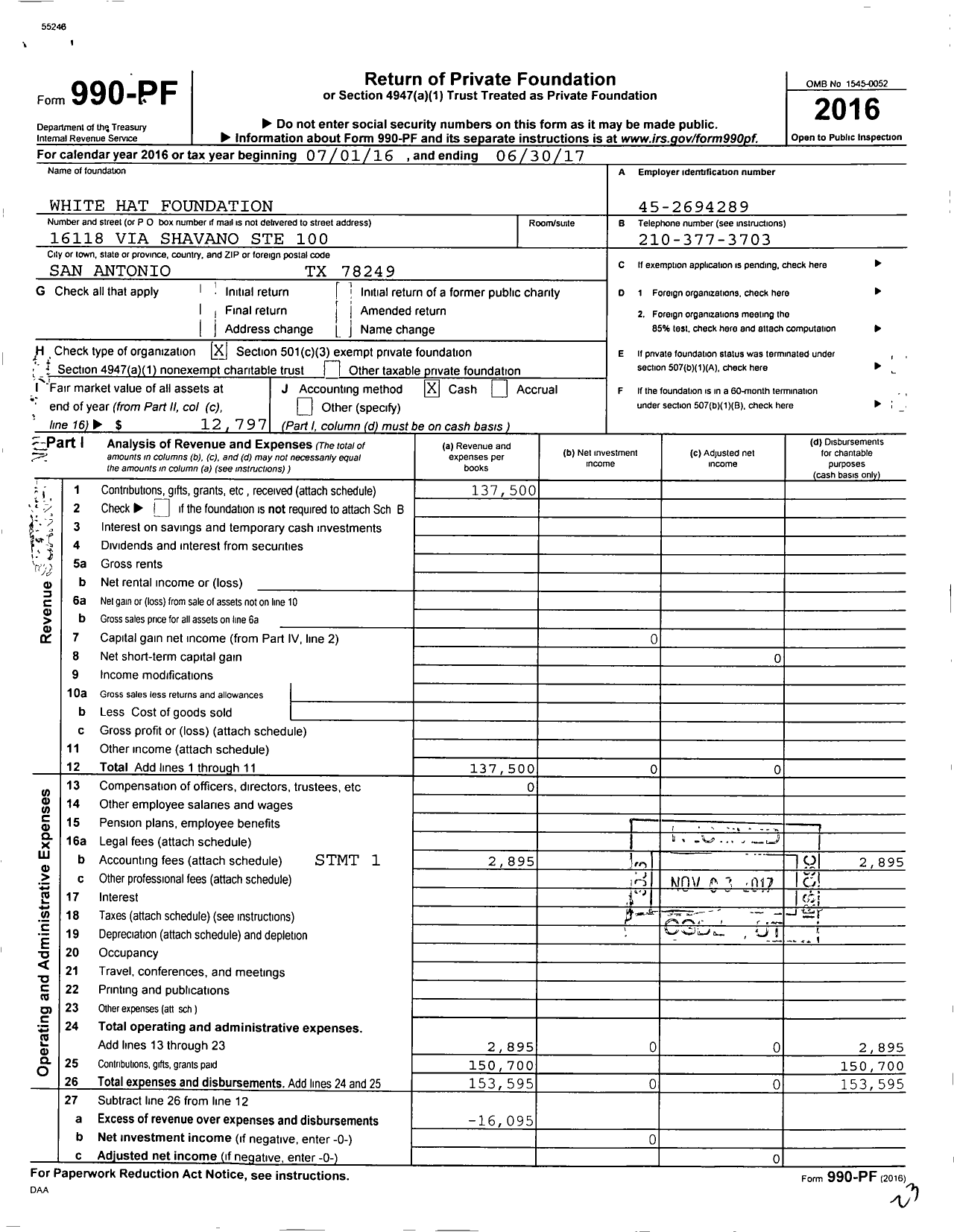 Image of first page of 2016 Form 990PF for White Hat Foundation