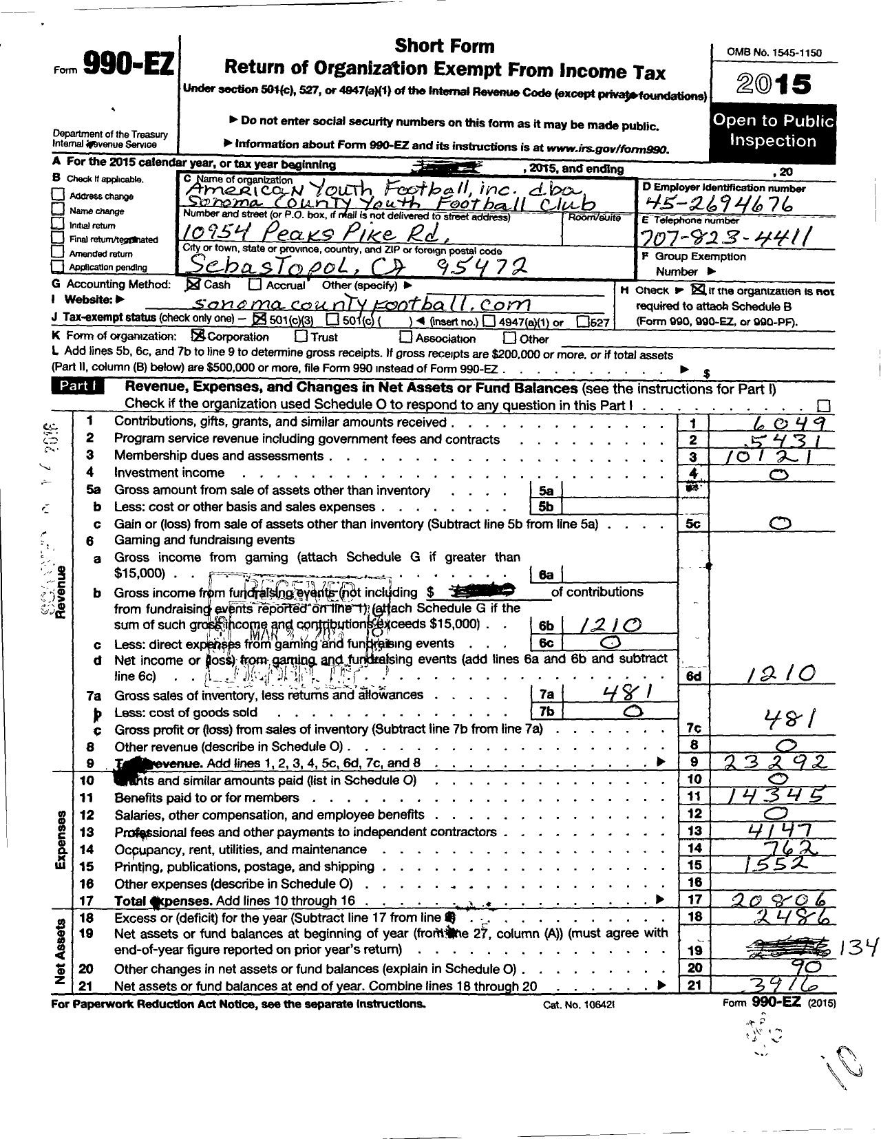 Image of first page of 2015 Form 990EZ for American Youth Football - Sonoma County Youth Football Club