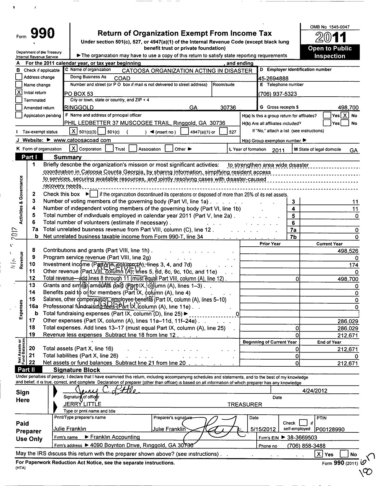 Image of first page of 2011 Form 990 for Catoosa Organization Acting in Disaster (COAD)