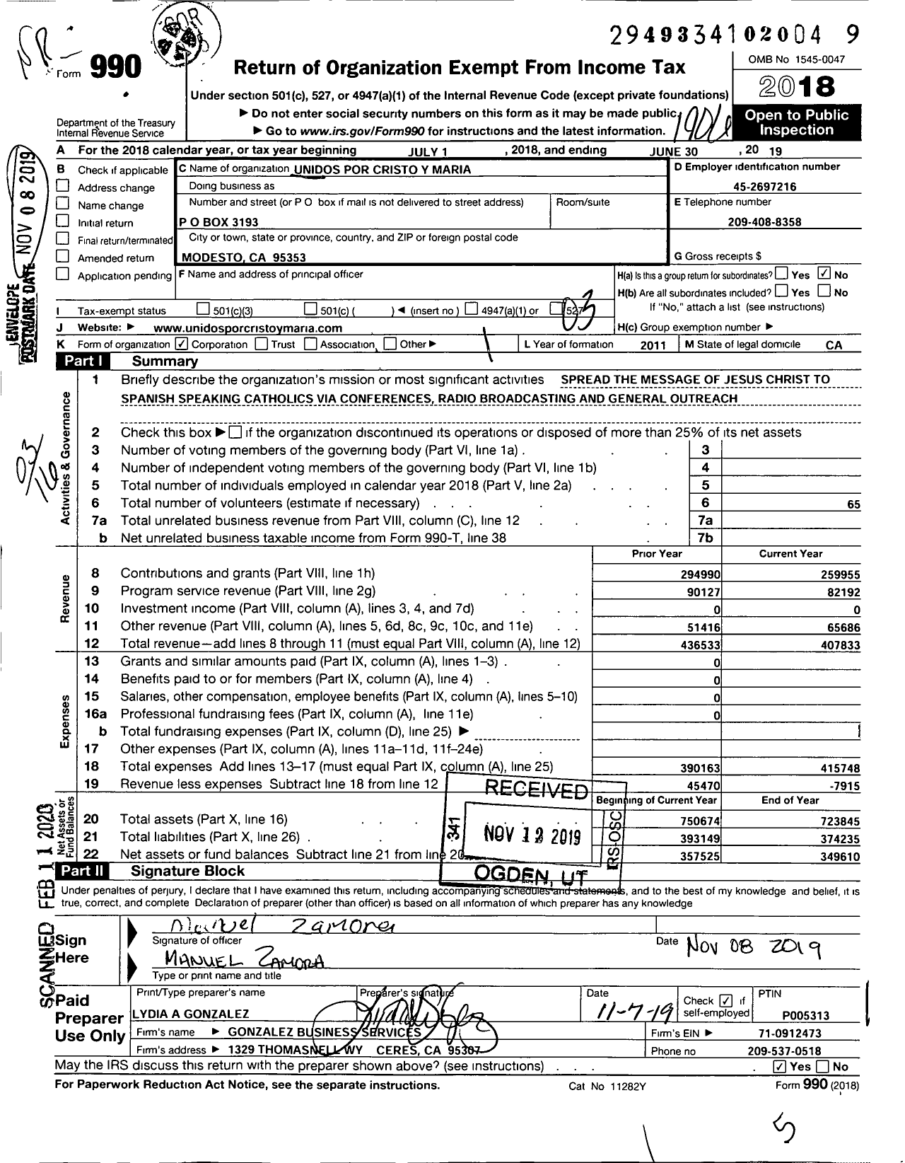 Image of first page of 2018 Form 990 for Unidos Por Cristo Y Maria