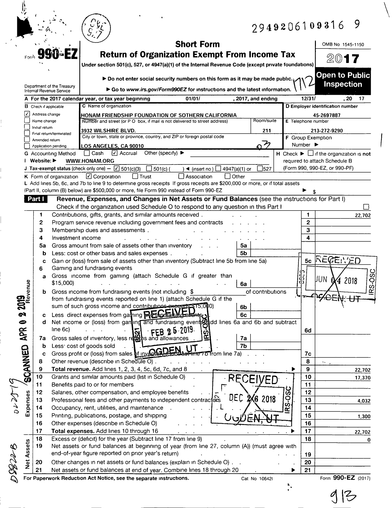 Image of first page of 2017 Form 990EZ for Honam Friendship Foundation of Southern California