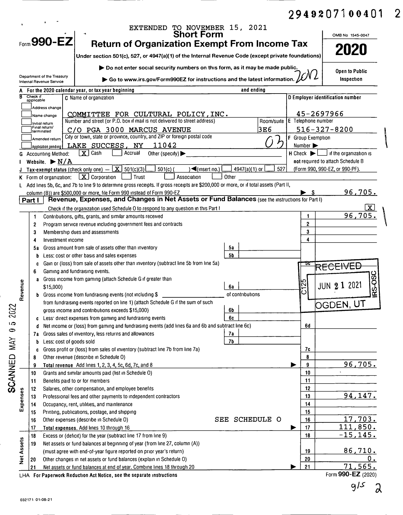 Image of first page of 2020 Form 990EZ for Committee for Cultural Policy