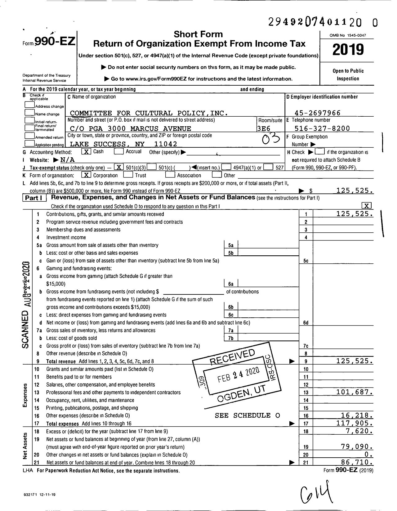 Image of first page of 2019 Form 990EZ for Committee for Cultural Policy