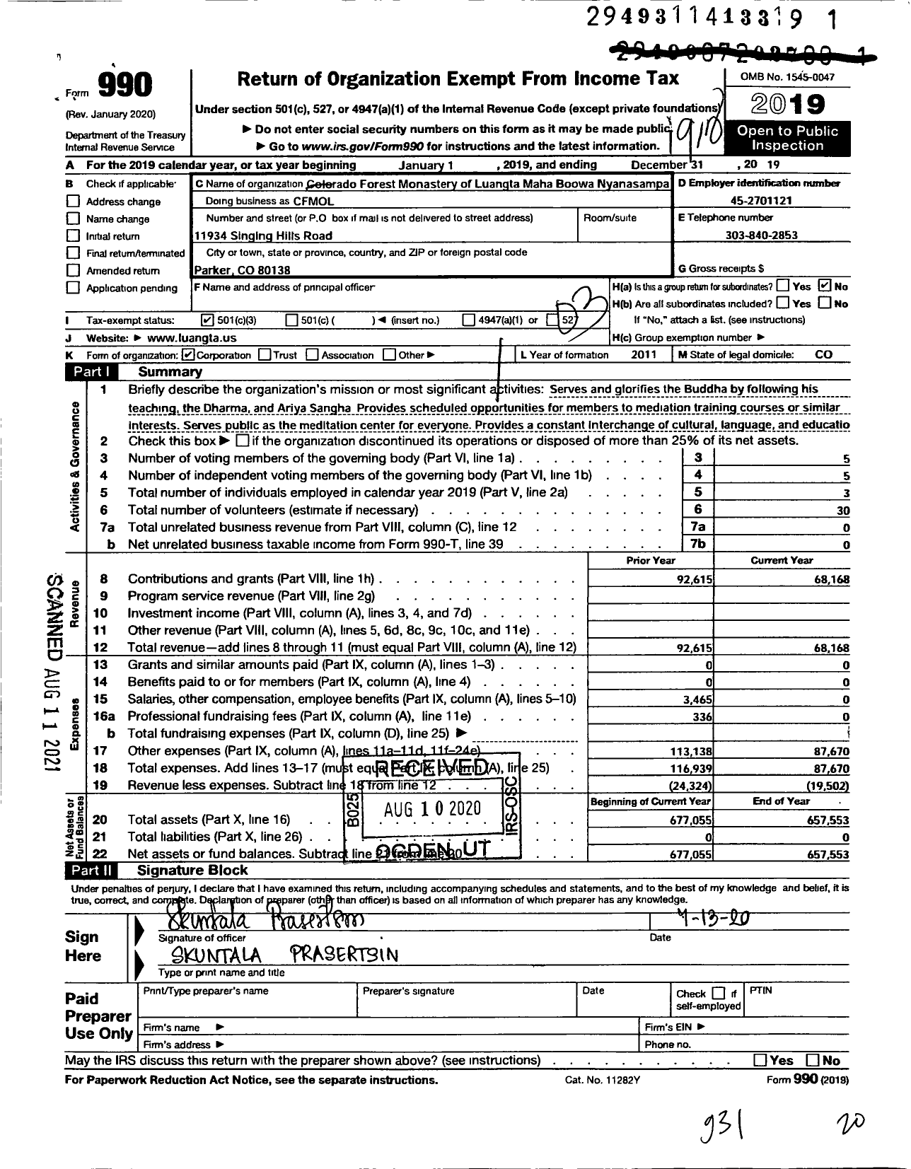 Image of first page of 2019 Form 990 for Colorado Forest Monastery of Luangta Maha Boowa Nyanasampa