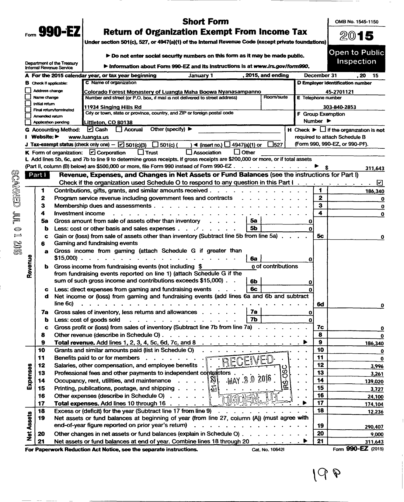 Image of first page of 2015 Form 990EZ for Colorado Forest Monastery of Luangta Maha Boowa Nyanasampa