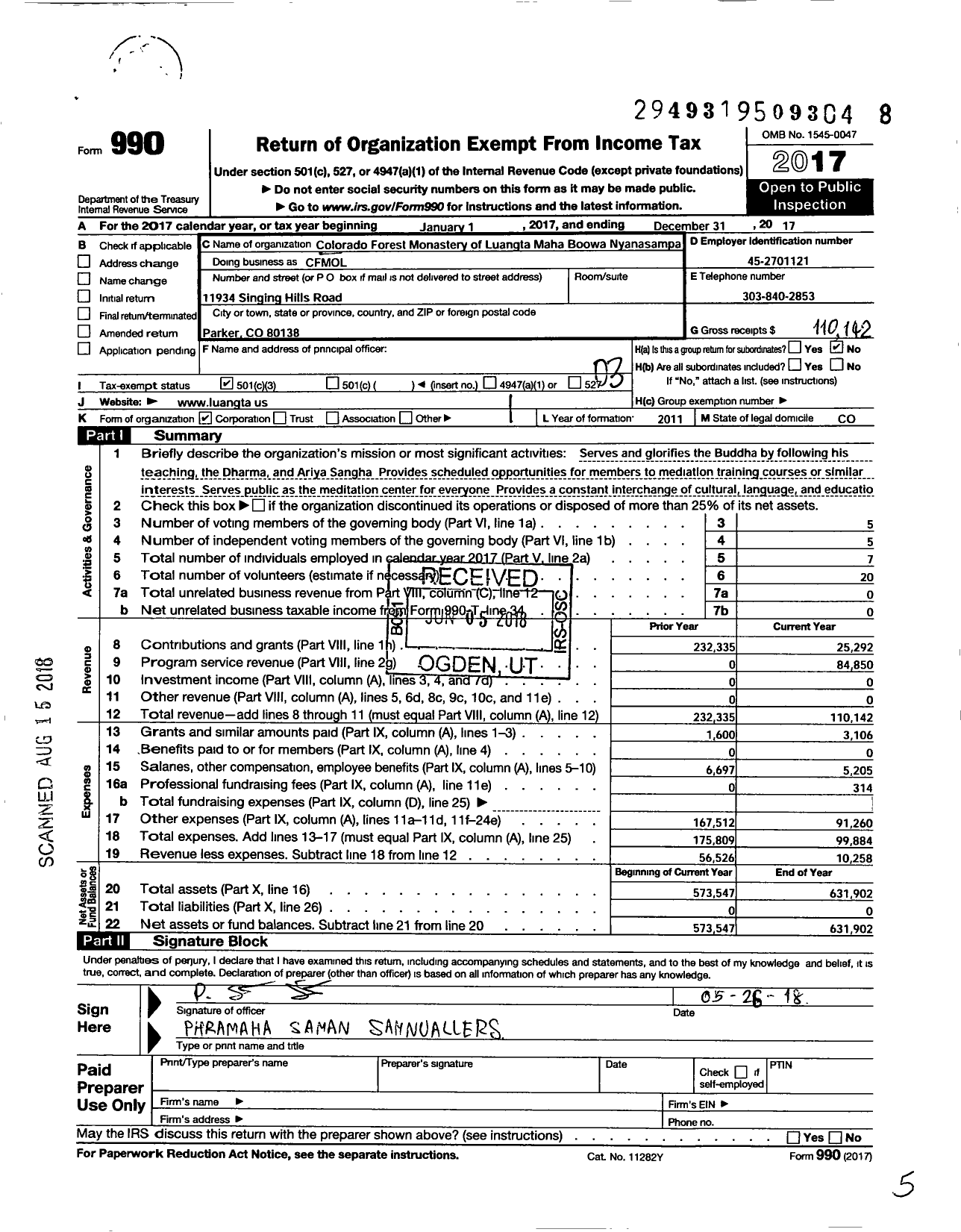 Image of first page of 2017 Form 990 for Colorado Forest Monastery of Luangta Maha Boowa Nyanasampa