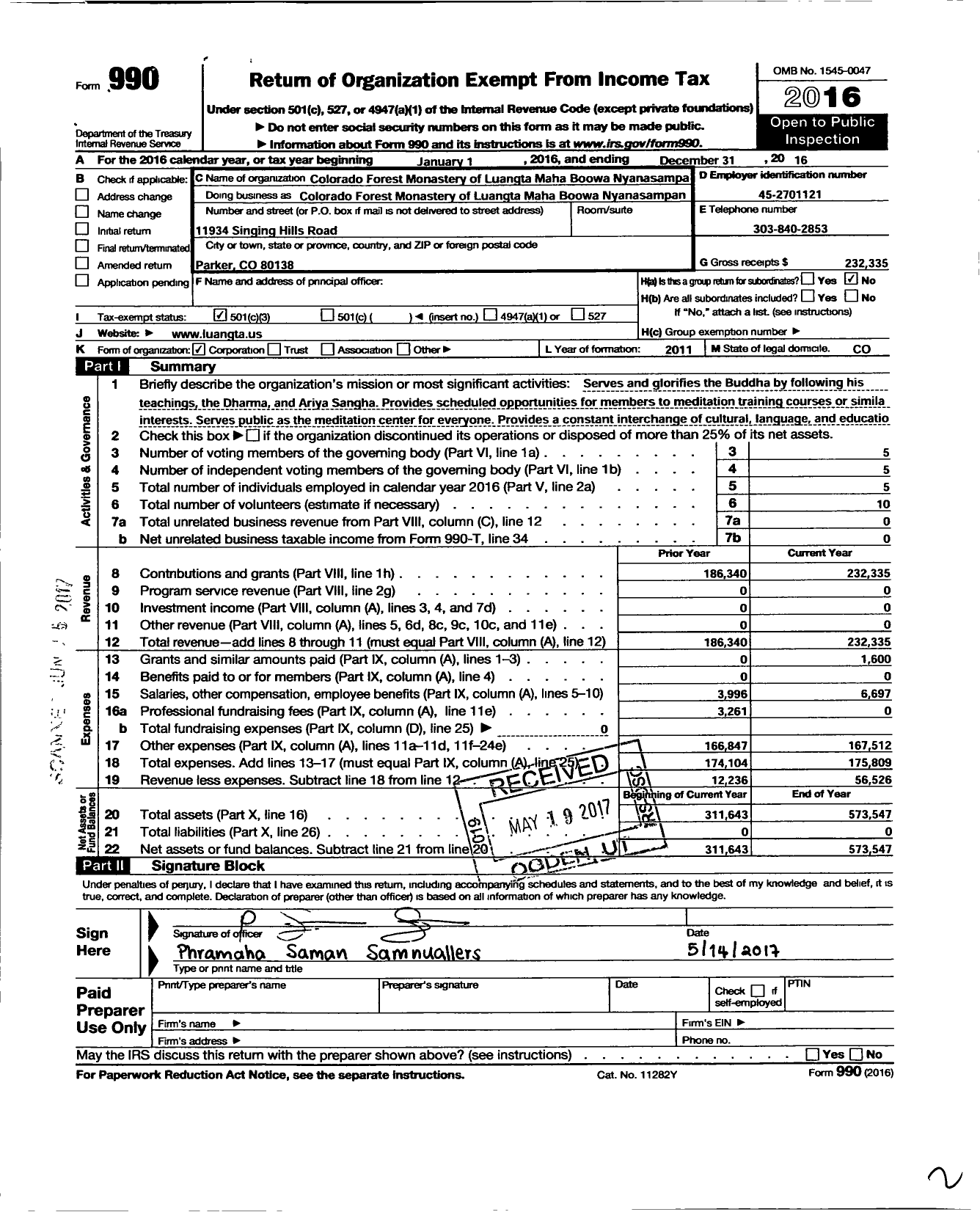 Image of first page of 2016 Form 990 for Colorado Forest Monastery of Luangta Maha Boowa Nyanasampa