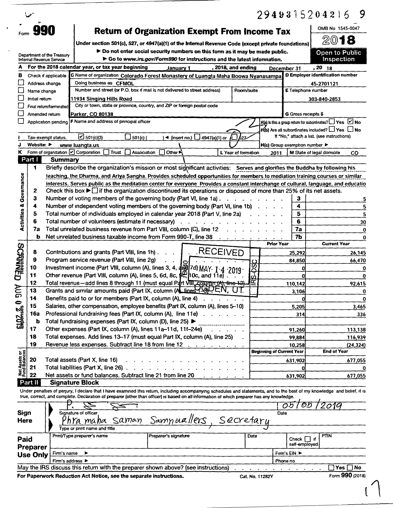 Image of first page of 2018 Form 990 for Colorado Forest Monastery of Luangta Maha Boowa Nyanasampa