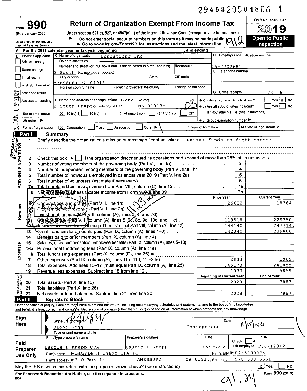 Image of first page of 2019 Form 990 for Lungstrong