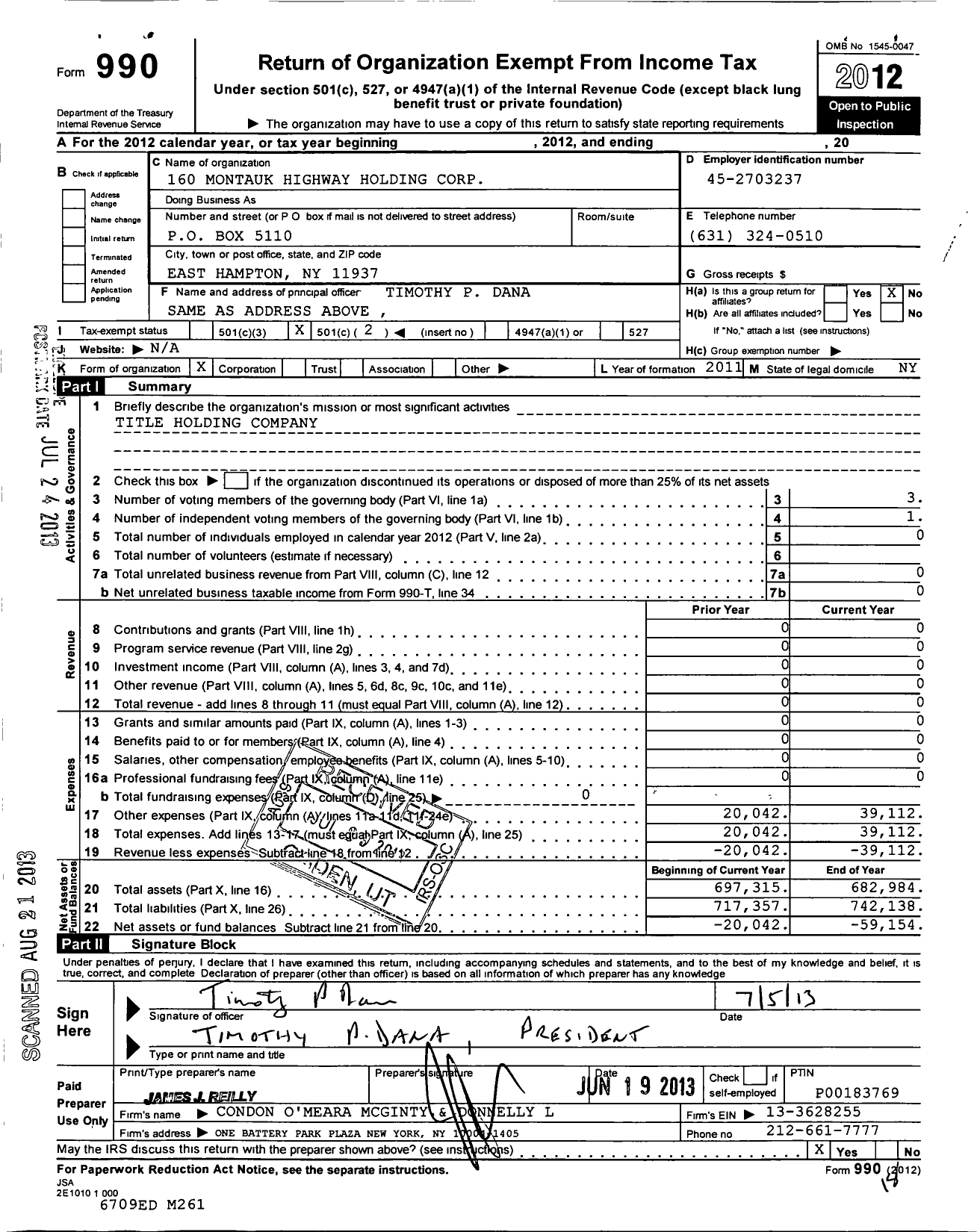 Image of first page of 2012 Form 990O for 160 Montauk Highway Holding Corporation