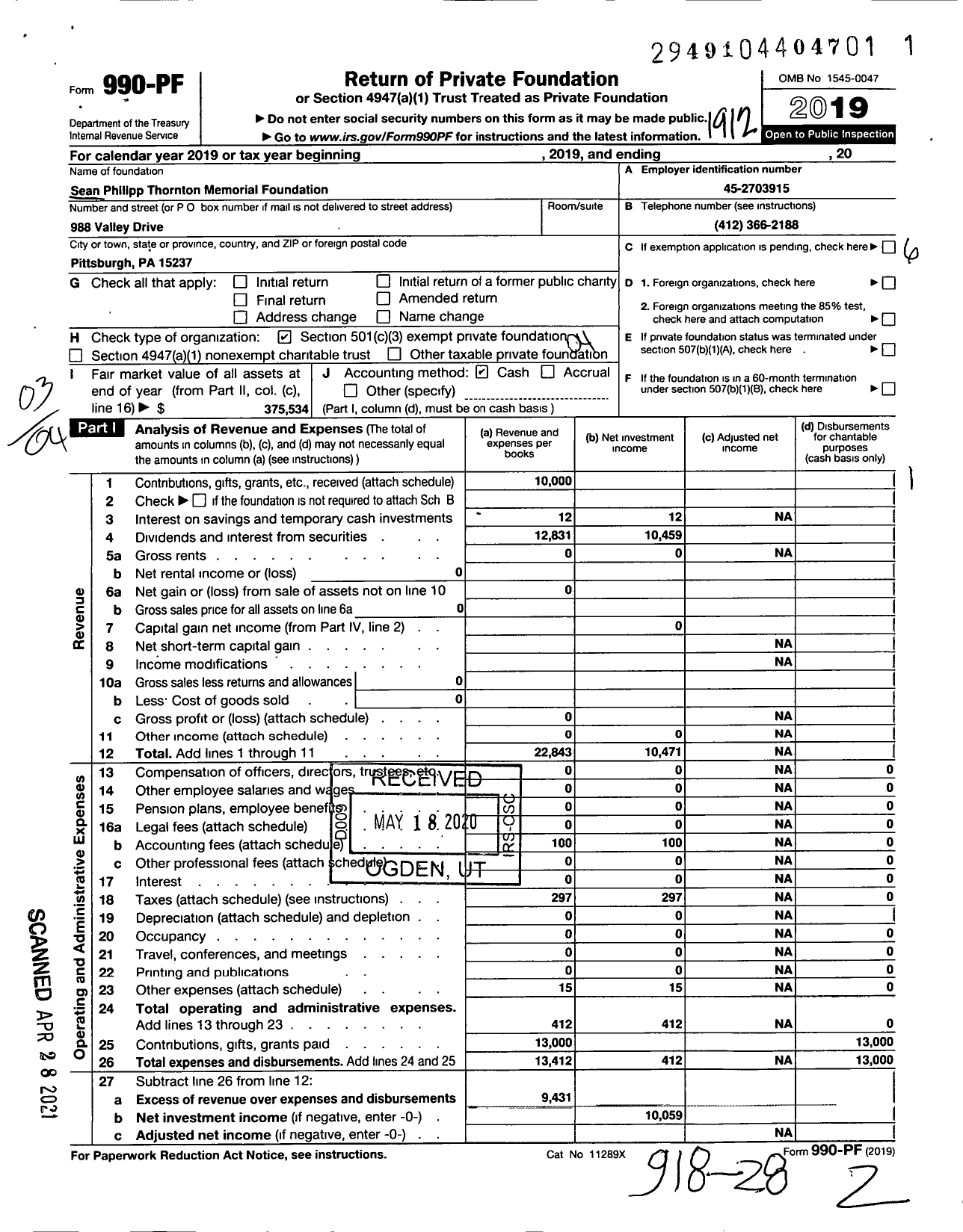 Image of first page of 2019 Form 990PF for Sean Philipp Thornton Memorial Foundation