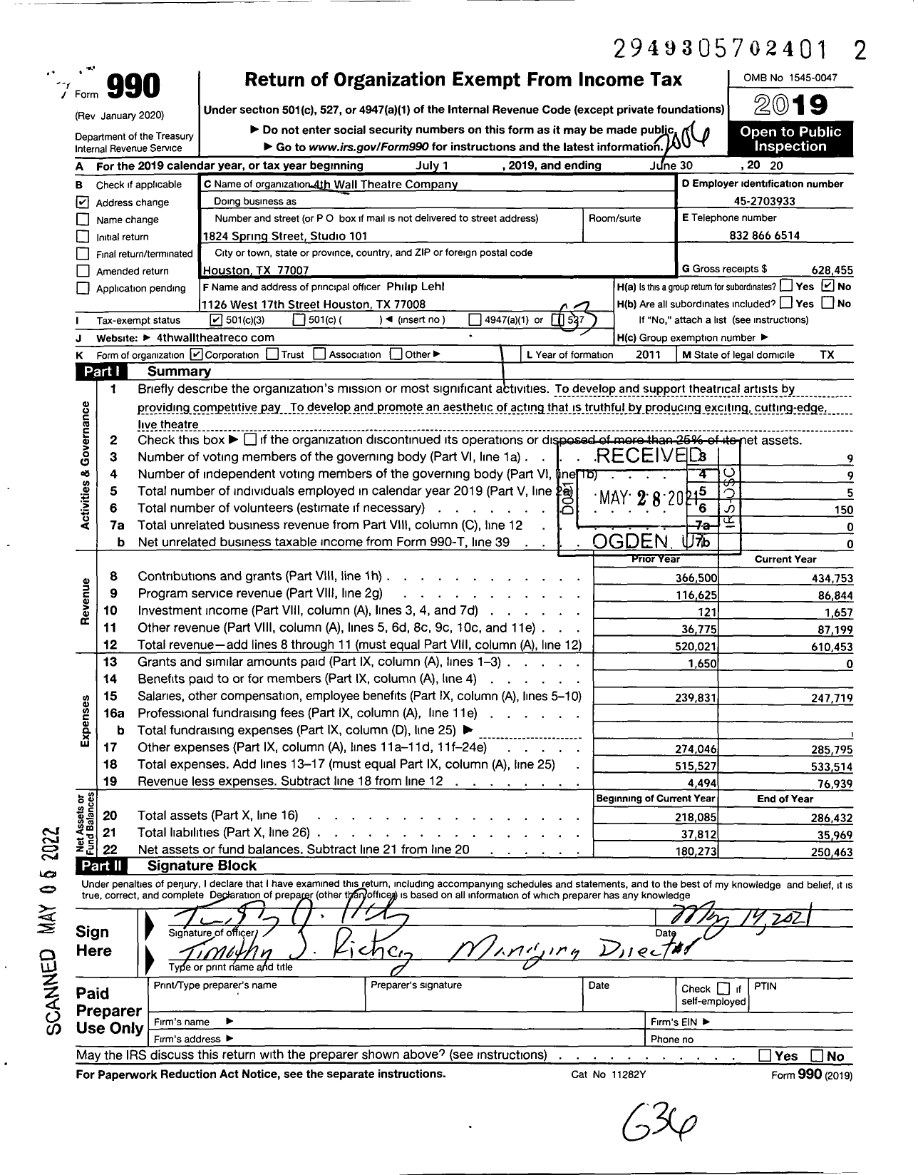 Image of first page of 2019 Form 990 for 4th Wall Theatre Company