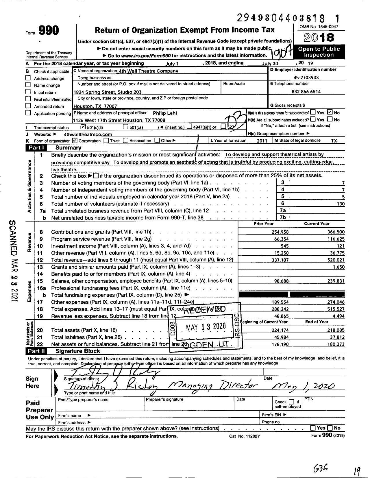 Image of first page of 2018 Form 990 for 4th Wall Theatre Company