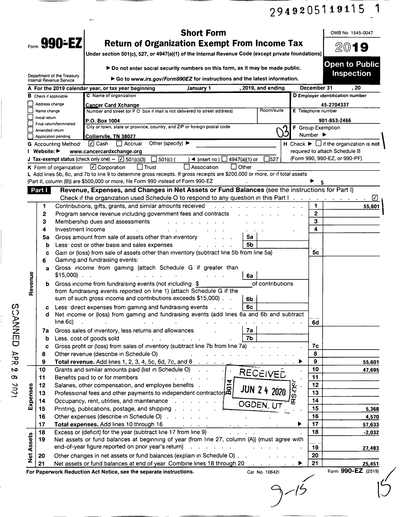 Image of first page of 2019 Form 990EZ for Cancer Card Xchange