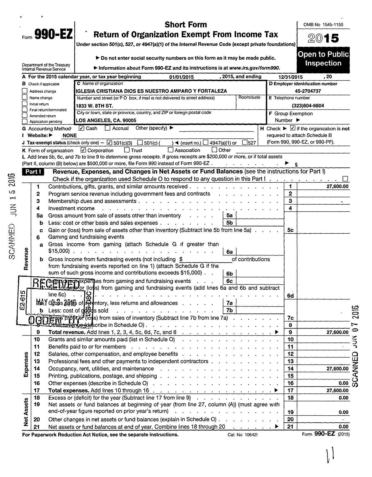 Image of first page of 2015 Form 990EZ for Iglesia Cristiana Dios es Nuestro Amparo y Fortaleza