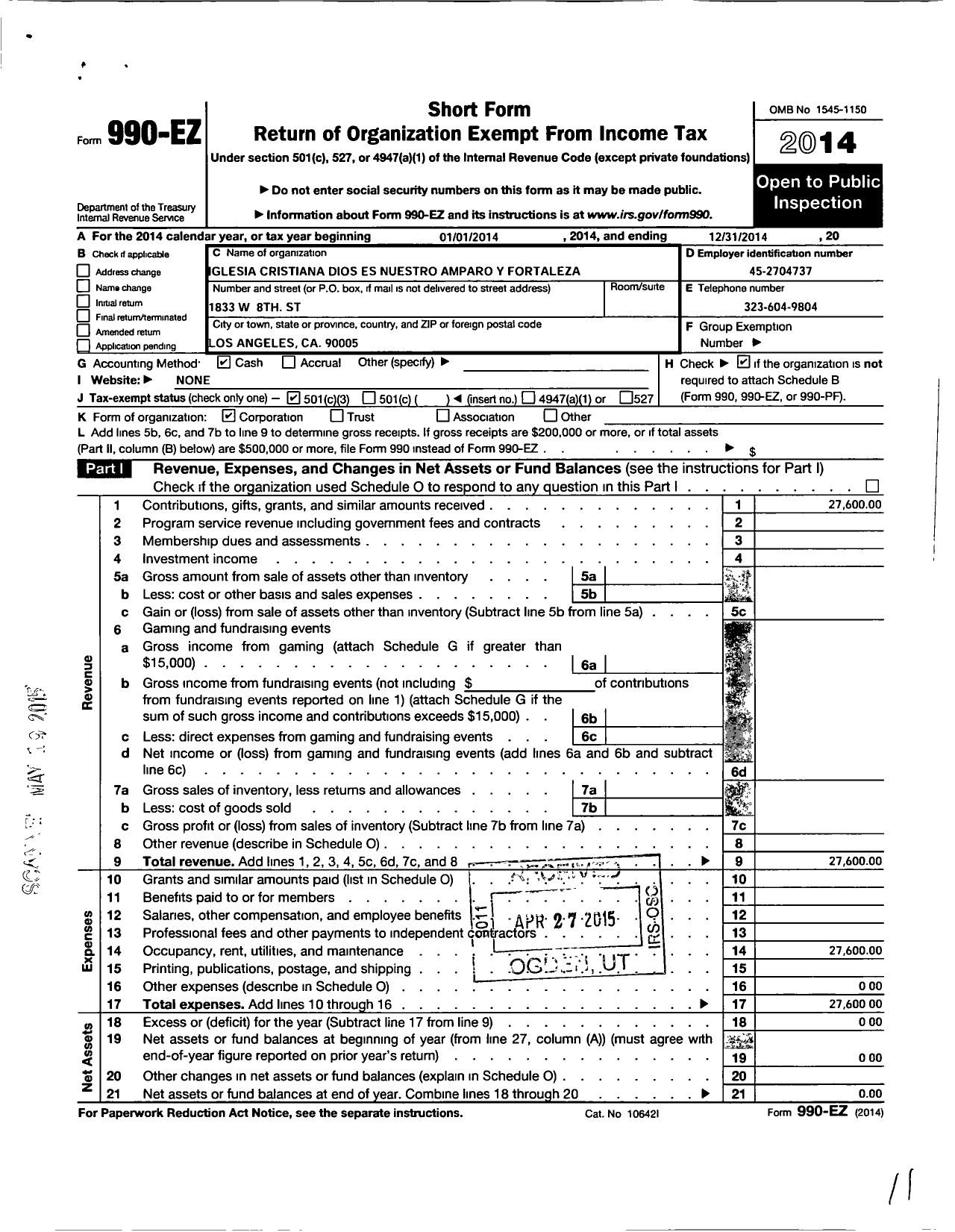 Image of first page of 2014 Form 990EZ for Iglesia Cristiana Dios es Nuestro Amparo y Fortaleza