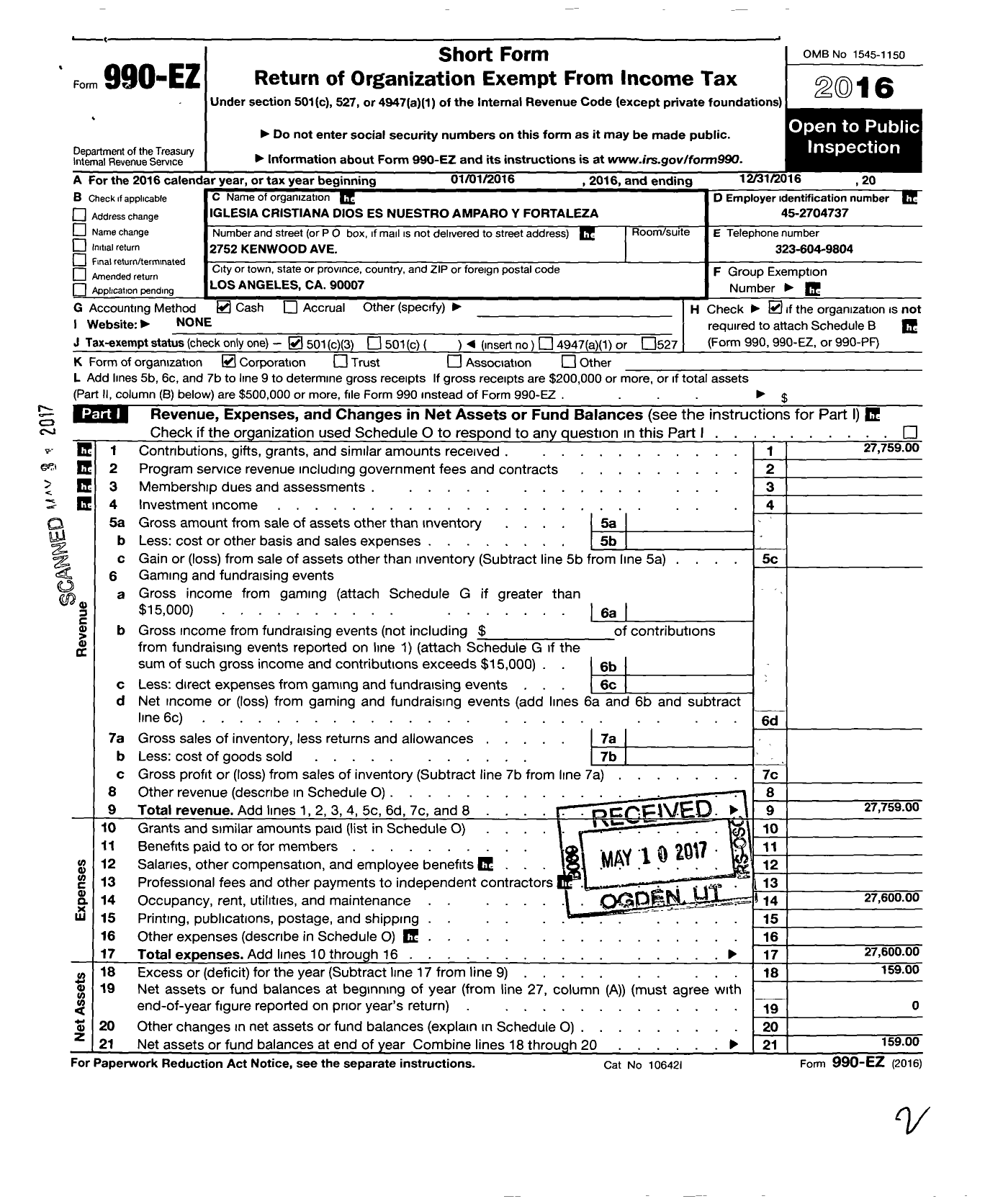 Image of first page of 2016 Form 990EZ for Iglesia Cristiana Dios es Nuestro Amparo y Fortaleza