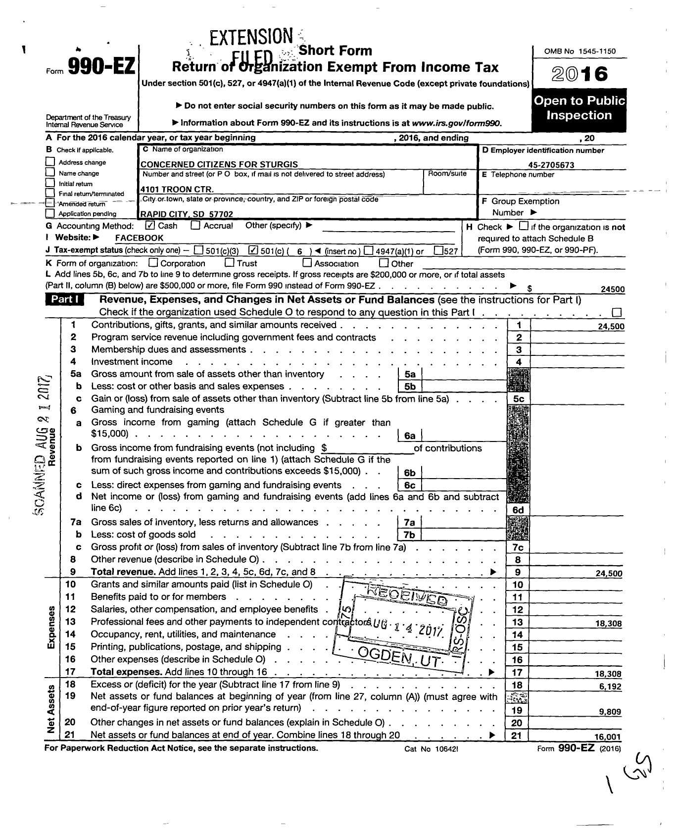 Image of first page of 2016 Form 990EO for Concerned Citizens for Sturgis