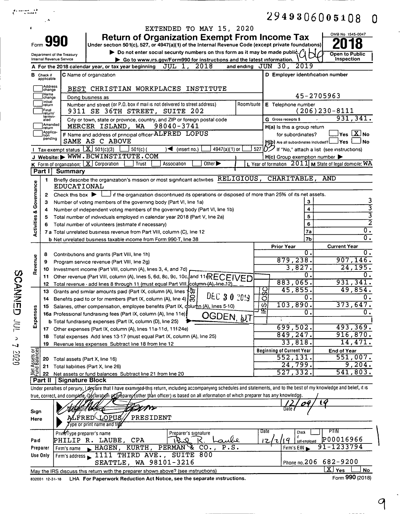 Image of first page of 2018 Form 990 for Best Christian Workplaces Institute