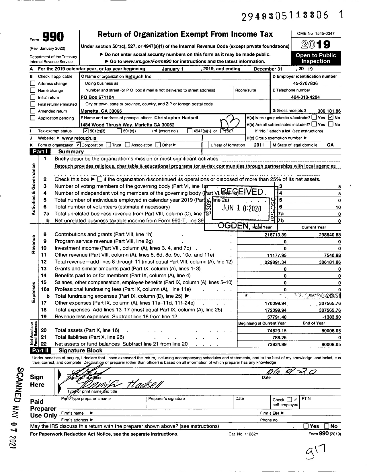 Image of first page of 2019 Form 990 for Retouch