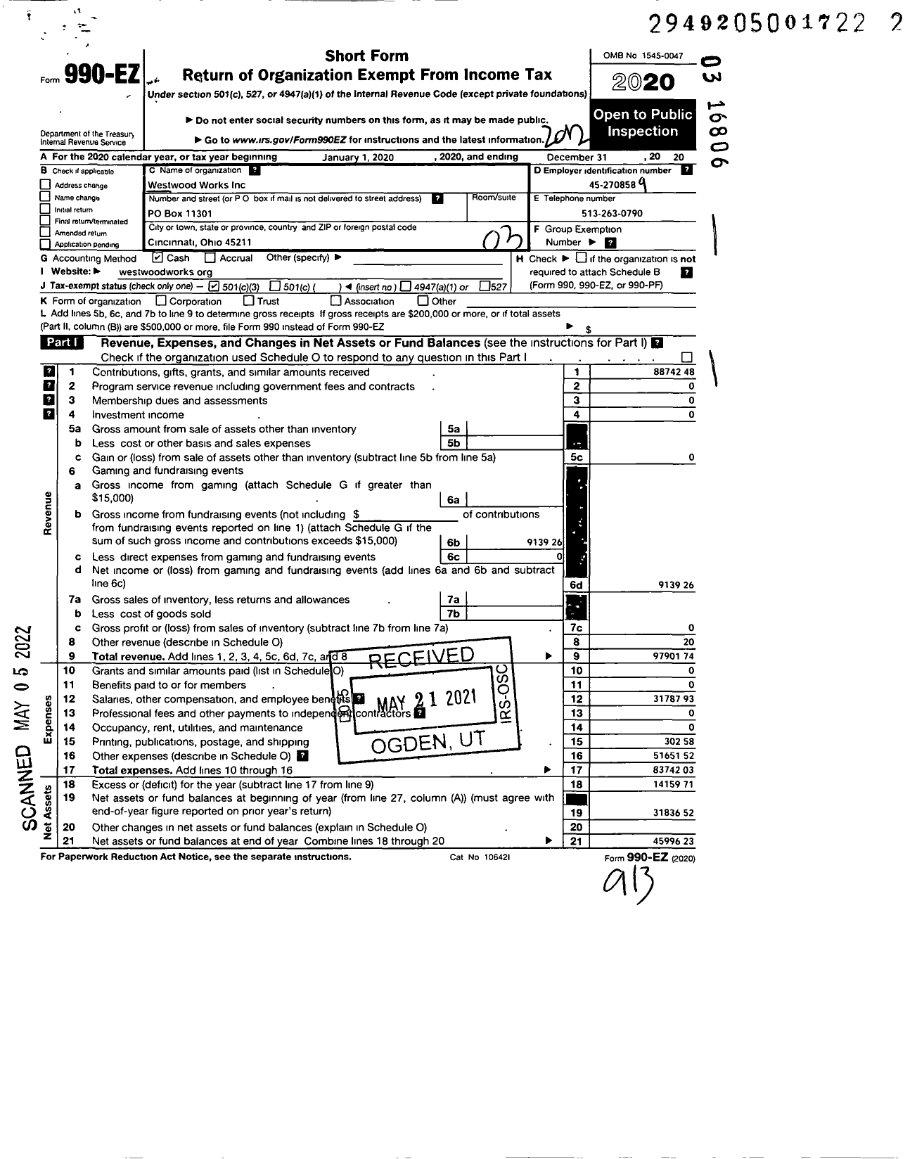 Image of first page of 2020 Form 990EZ for Westwood Works