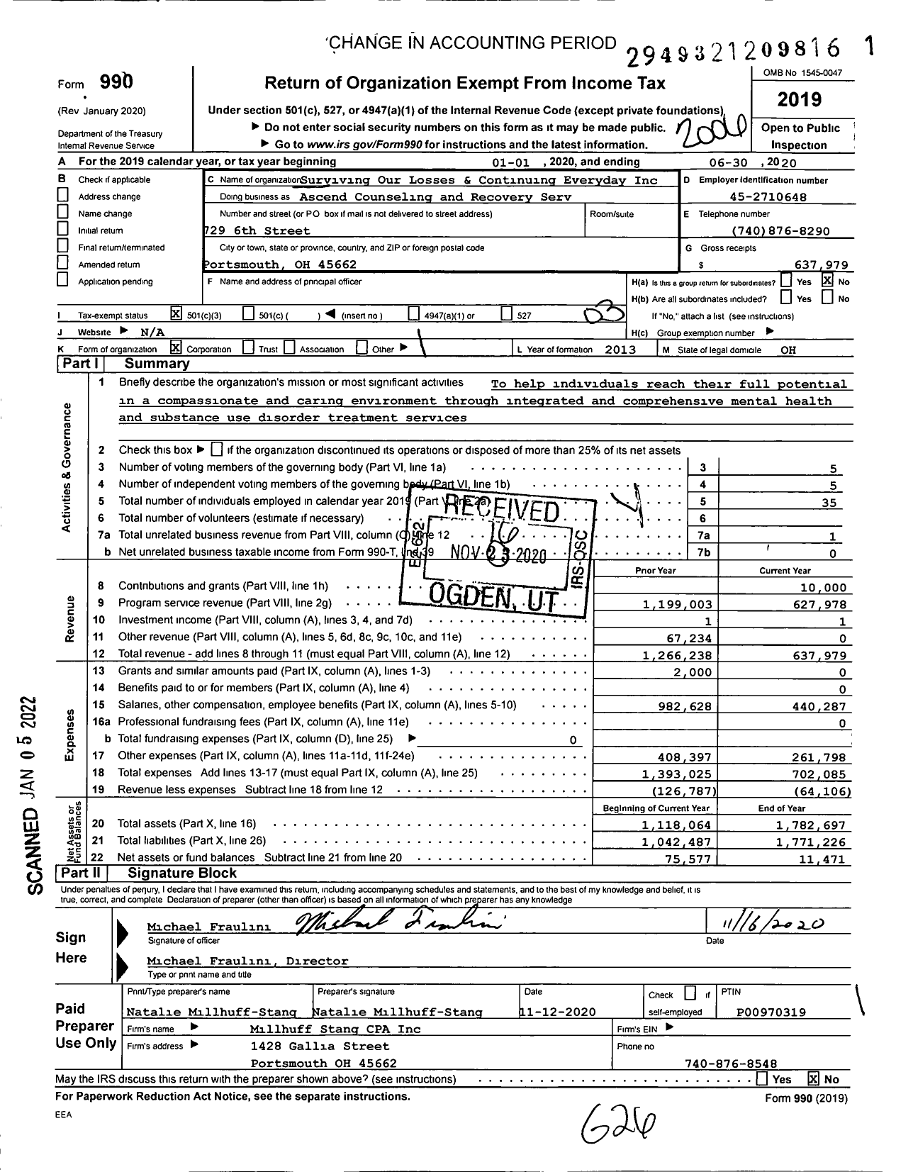 Image of first page of 2019 Form 990 for Ascend Counseling and Recovery