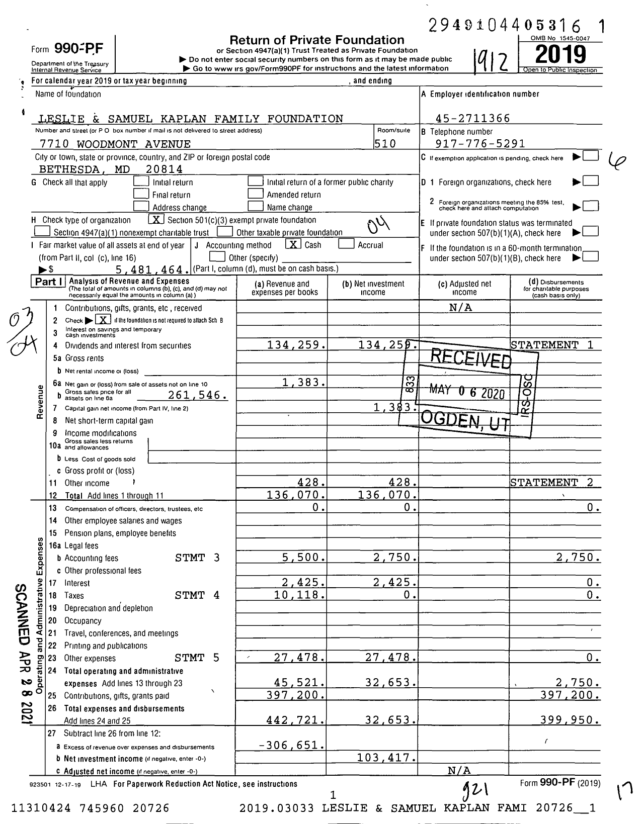 Image of first page of 2019 Form 990PF for Leslie and Samuel Kaplan Family Foundation