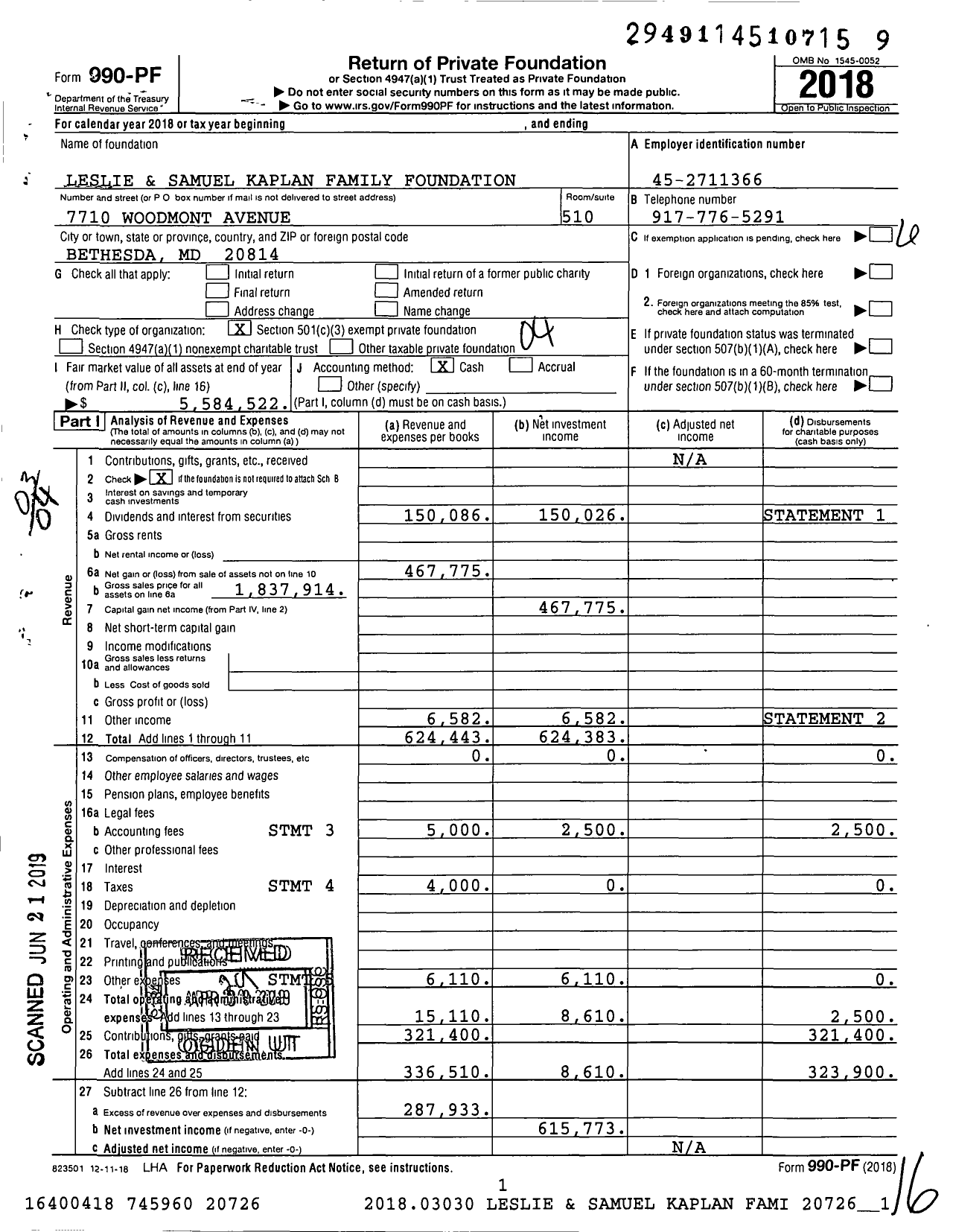 Image of first page of 2018 Form 990PF for Leslie and Samuel Kaplan Family Foundation