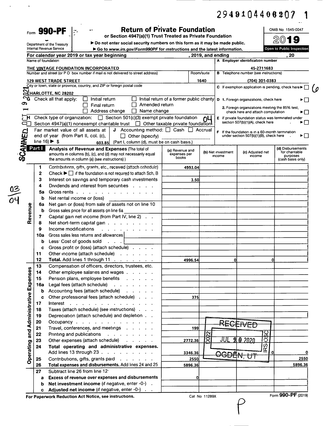 Image of first page of 2019 Form 990PF for The Vintage Foundation Incorporated