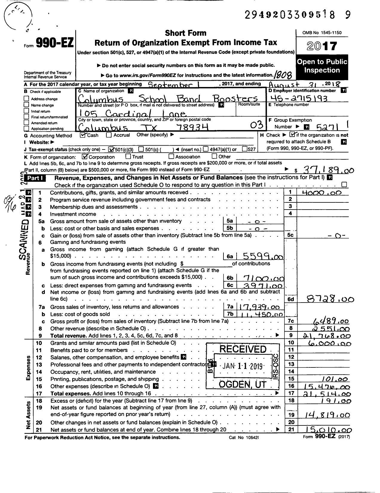 Image of first page of 2017 Form 990EZ for Parent Booster USA / Columbus School Band Boosters