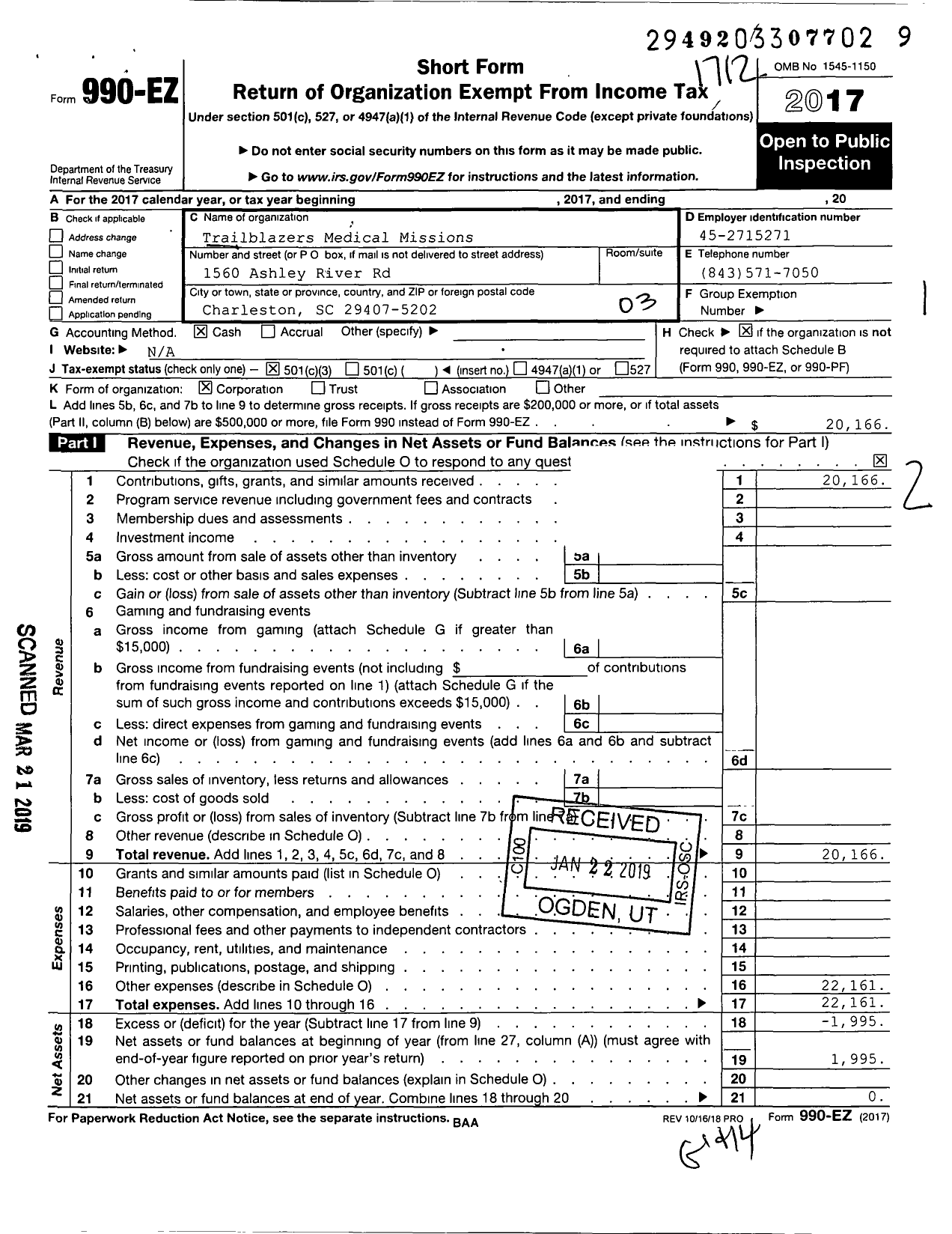 Image of first page of 2017 Form 990EZ for Trailblazer's Medical Missions