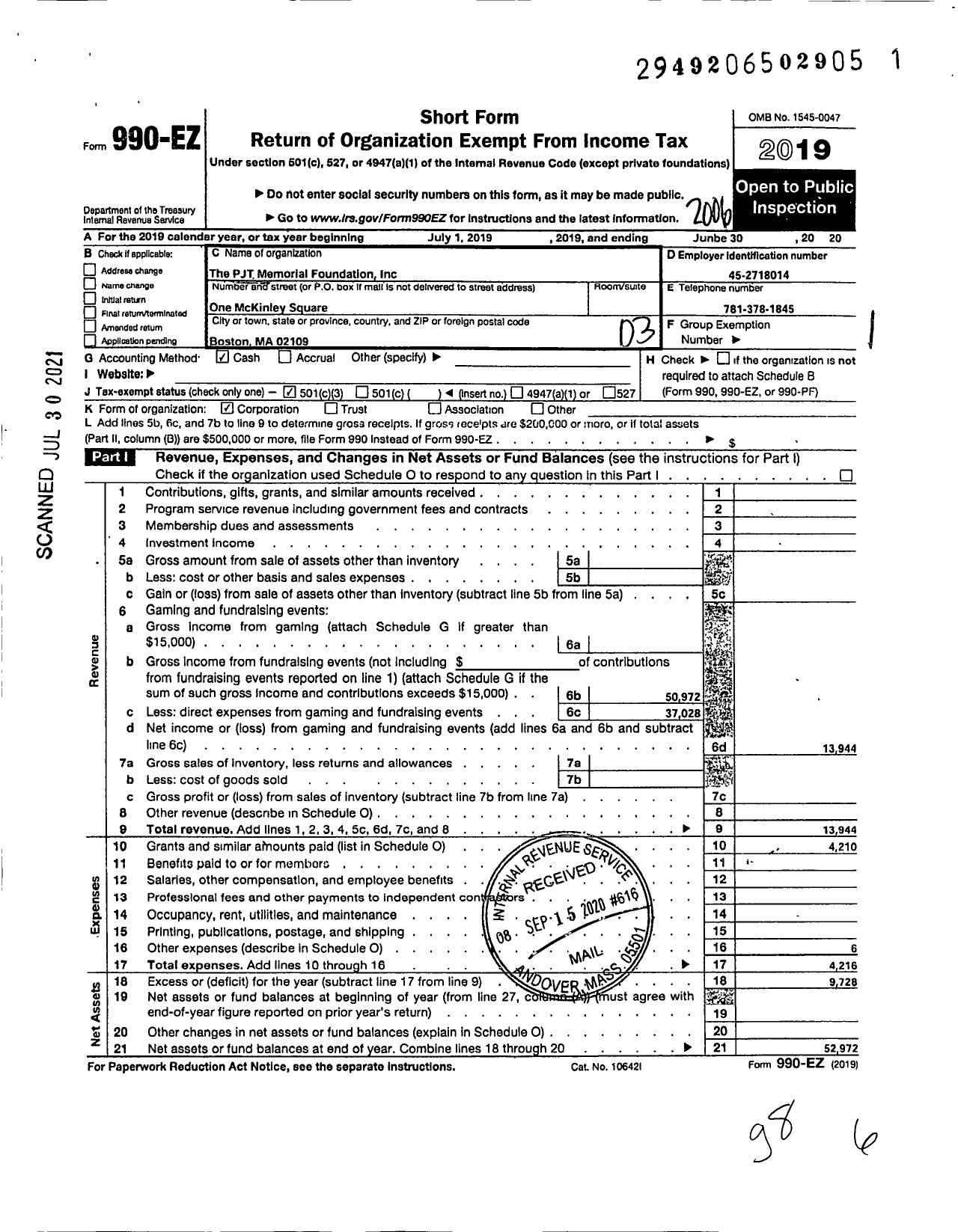 Image of first page of 2019 Form 990EZ for PJT Memorial Foundation