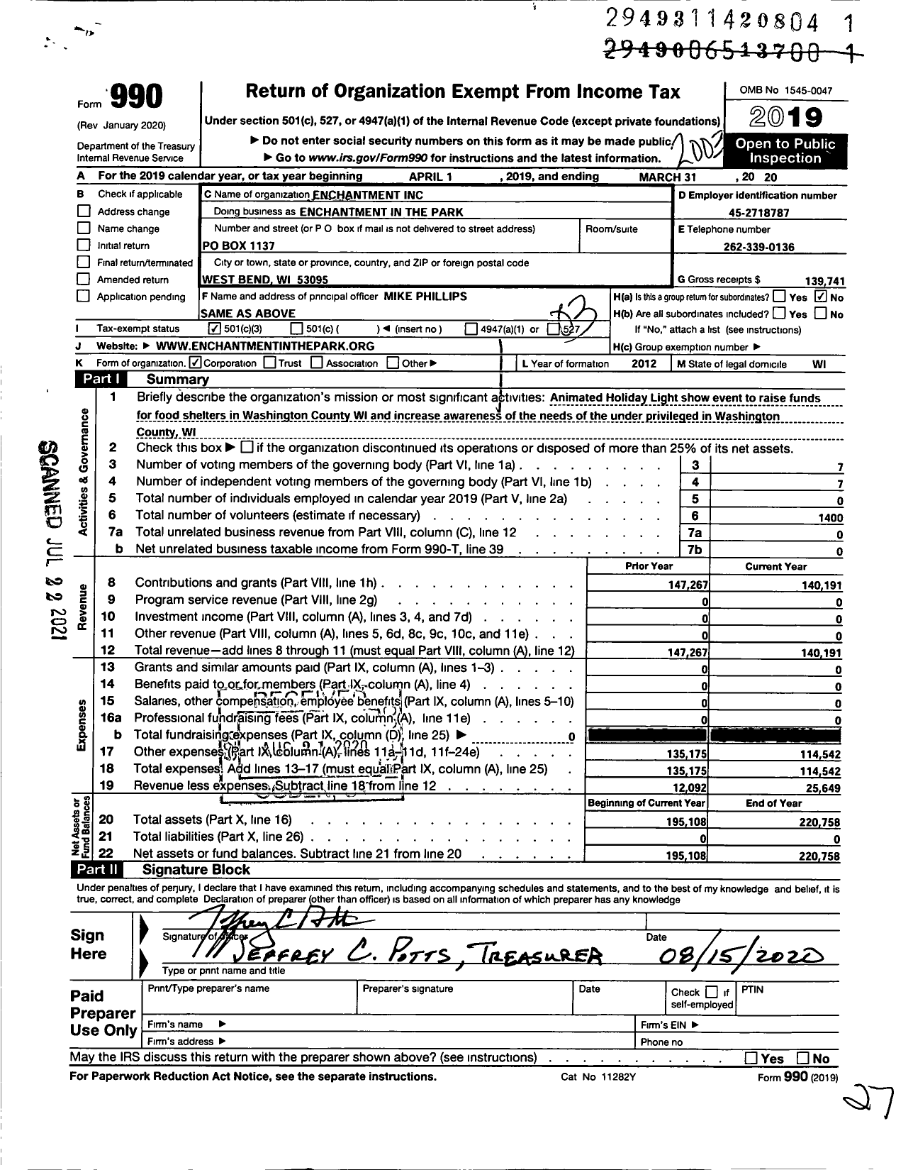 Image of first page of 2019 Form 990 for Enchantment
