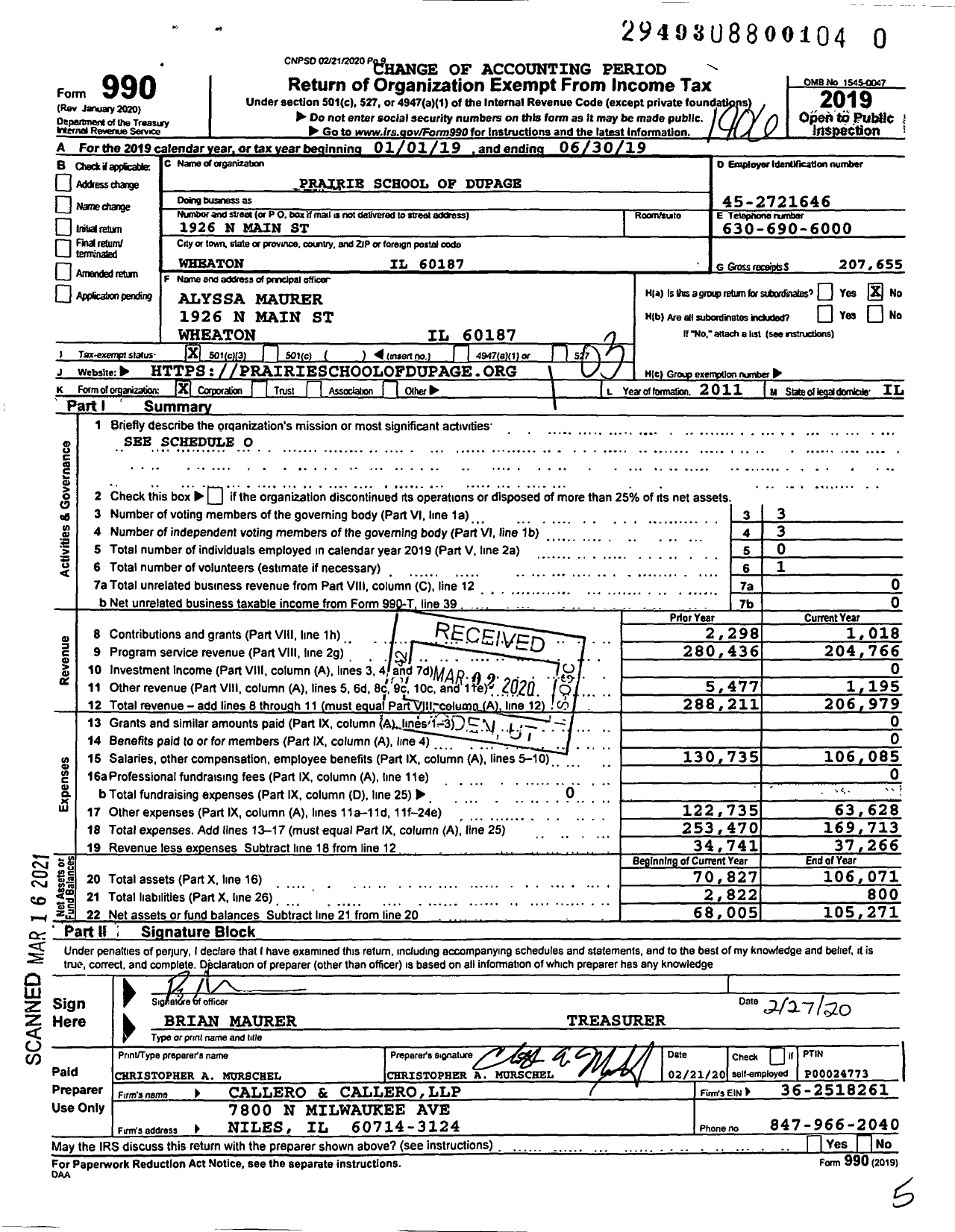 Image of first page of 2018 Form 990 for Prairie School of Dupage