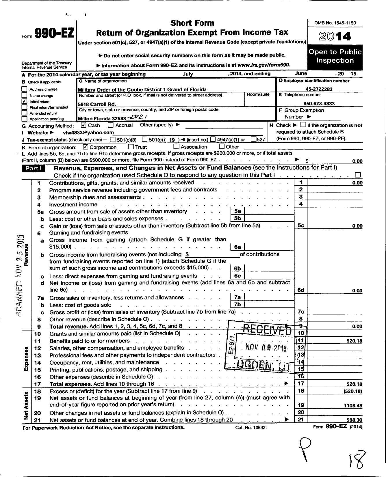 Image of first page of 2014 Form 990EO for Military Order of the Cootie District 1 Grand of Florida