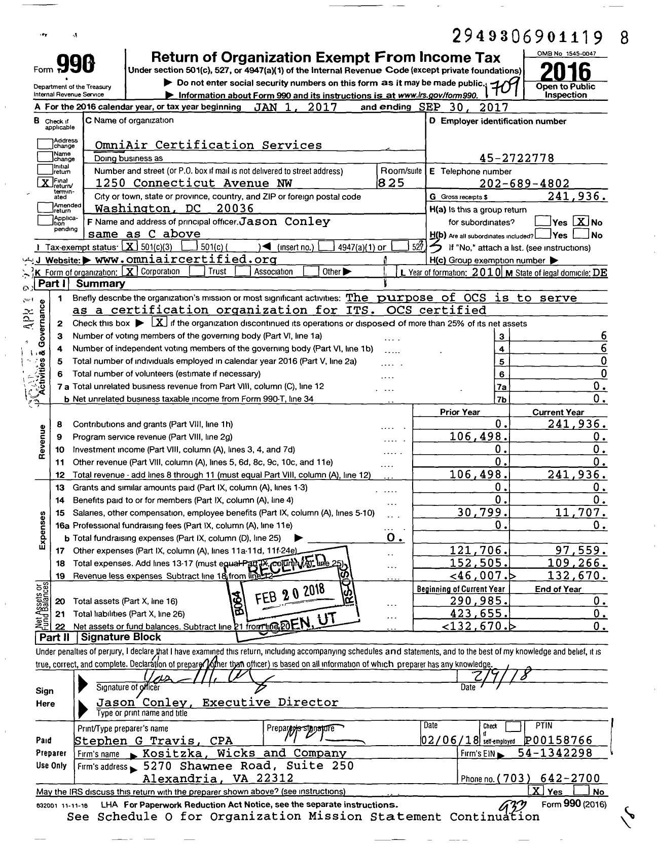 Image of first page of 2016 Form 990 for OmniAir Certification Services