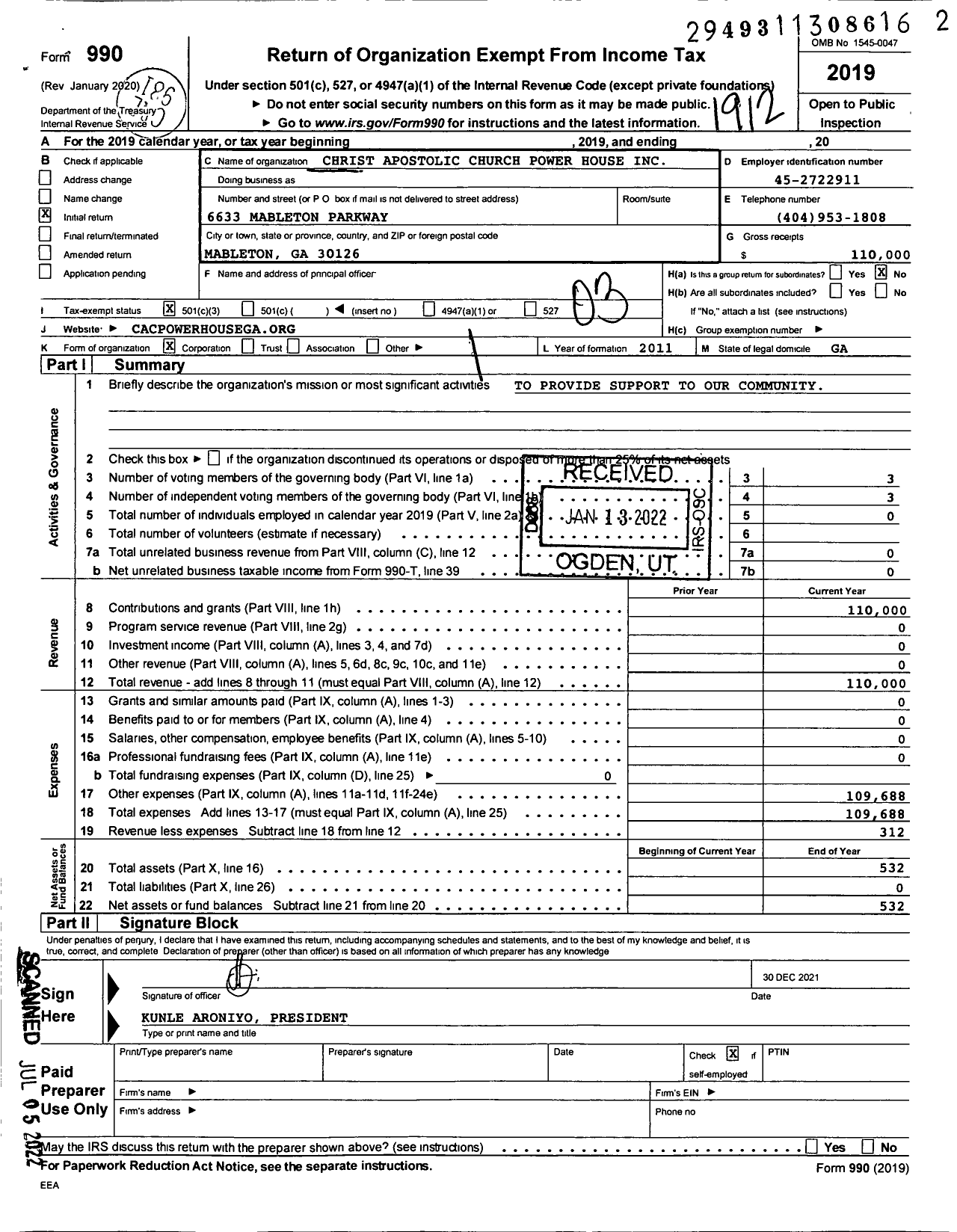 Image of first page of 2019 Form 990 for Christ Apostolic Church Power House